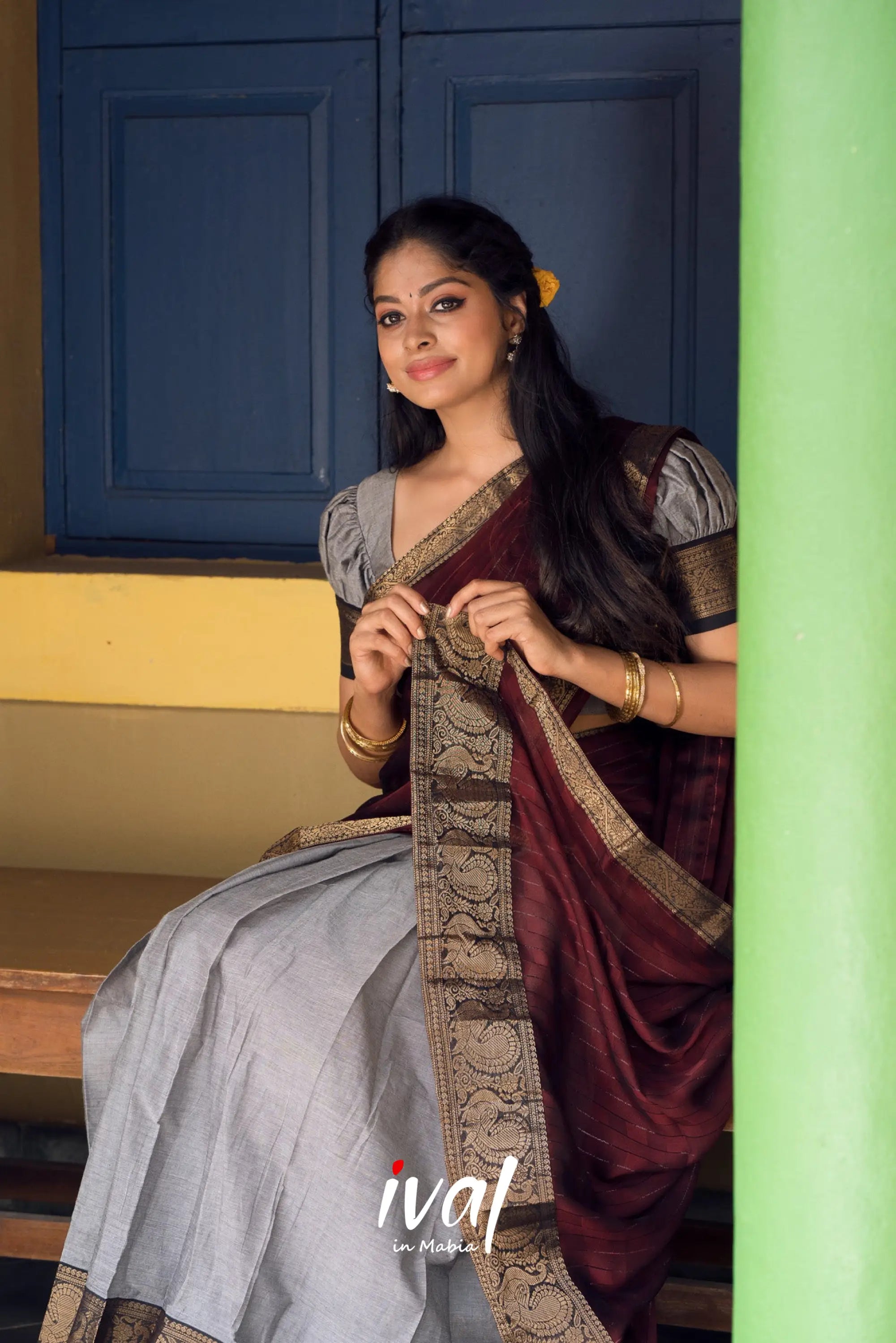 Padmaja - Grey And Maroon Cotton Halfsaree Half Sarees