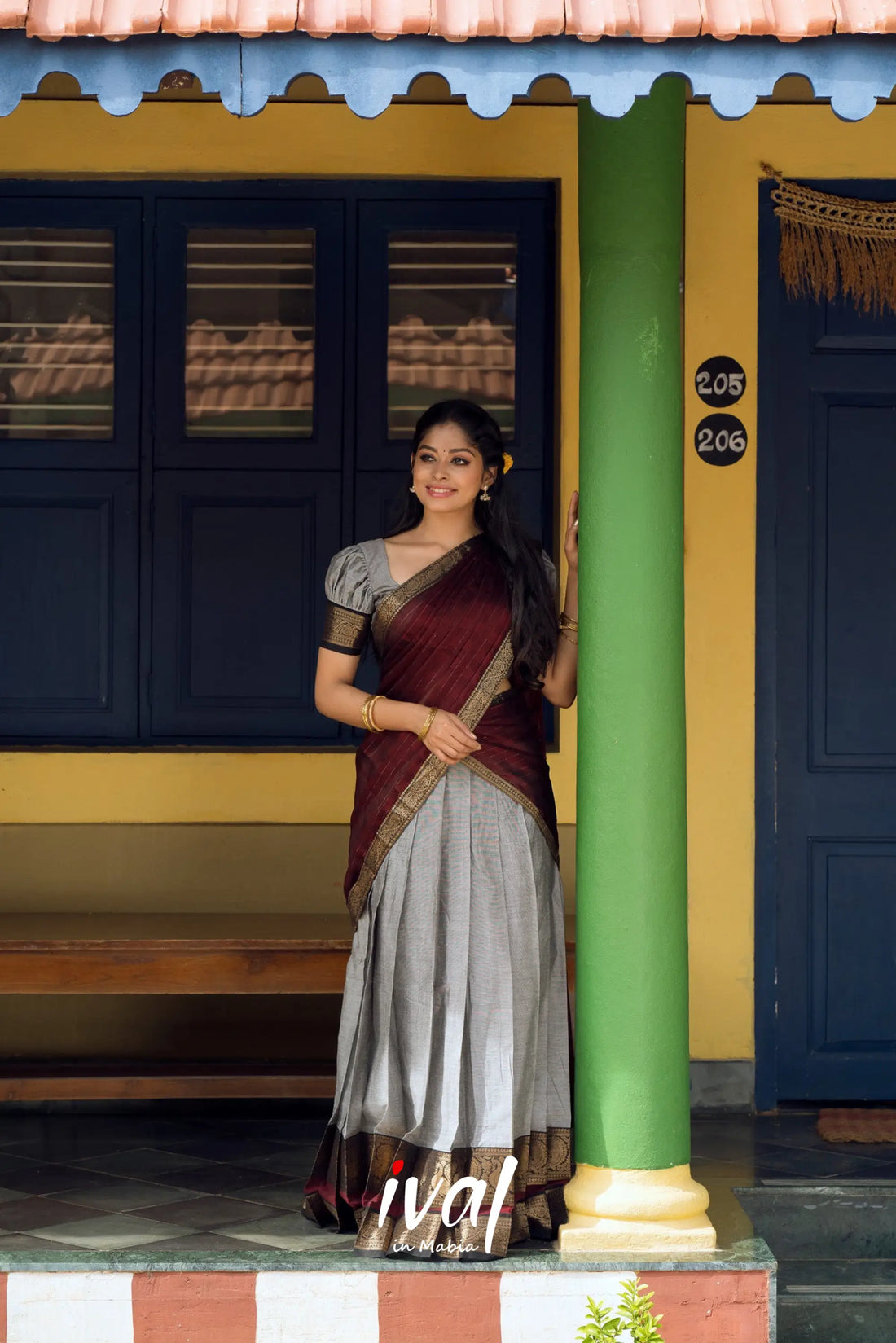 Padmaja - Grey And Maroon Cotton Halfsaree Half Sarees