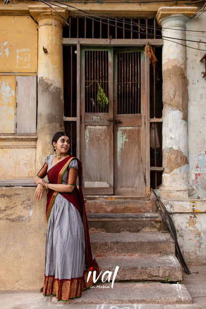 Padmaja - Grey And Maroon Cotton Halfsaree Half Sarees