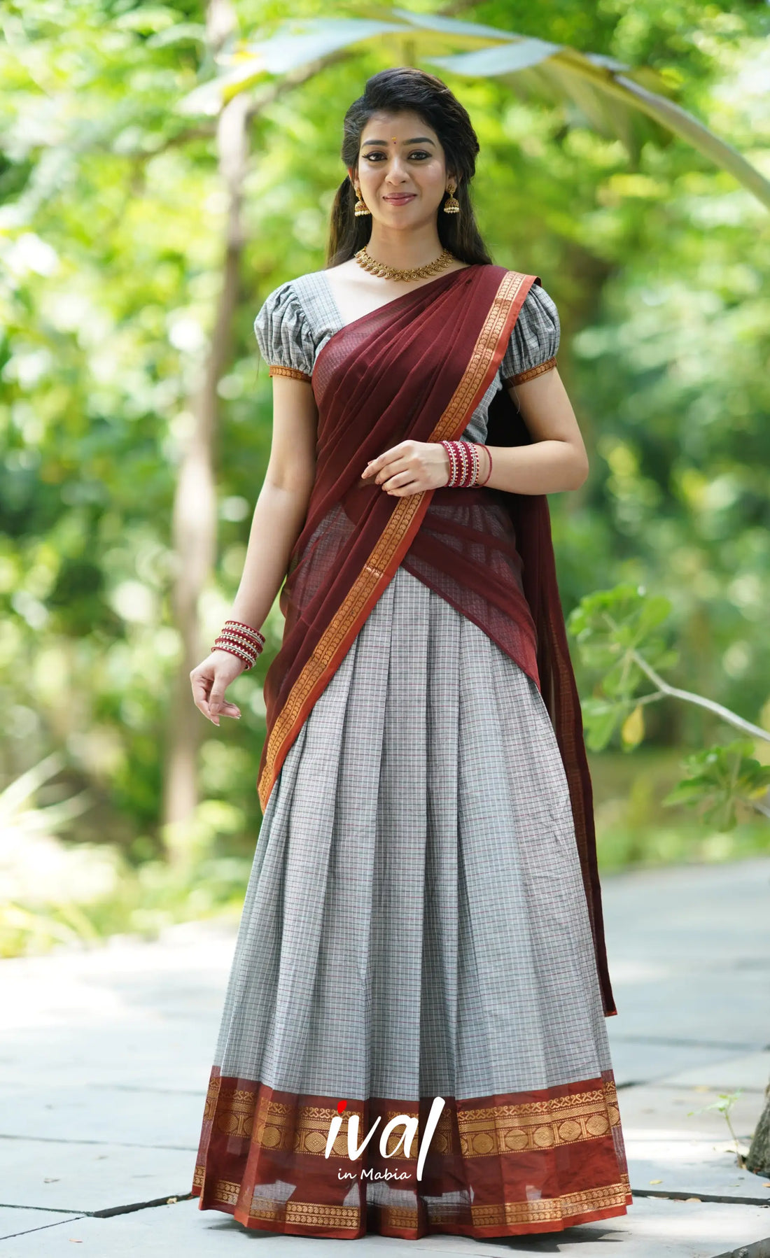 Padmaja- Grey And Maroon Cotton Halfsaree Half Sarees