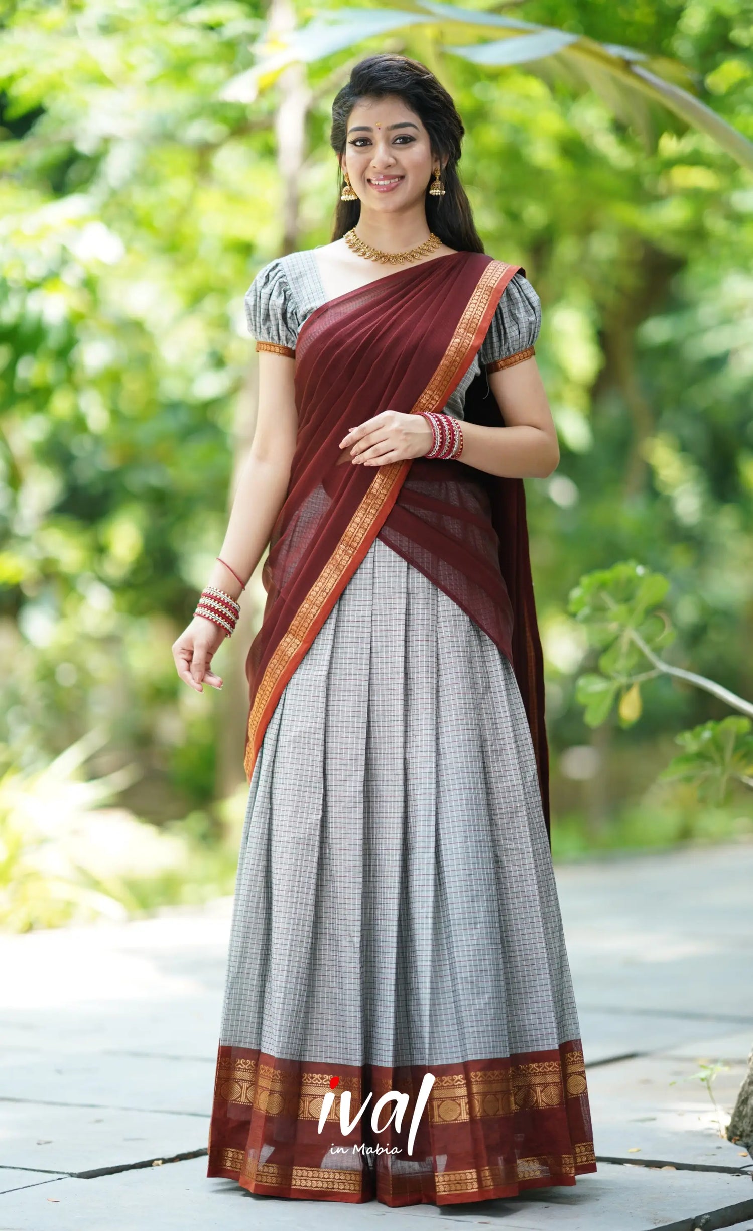 Padmaja- Grey And Maroon Cotton Halfsaree Half Sarees