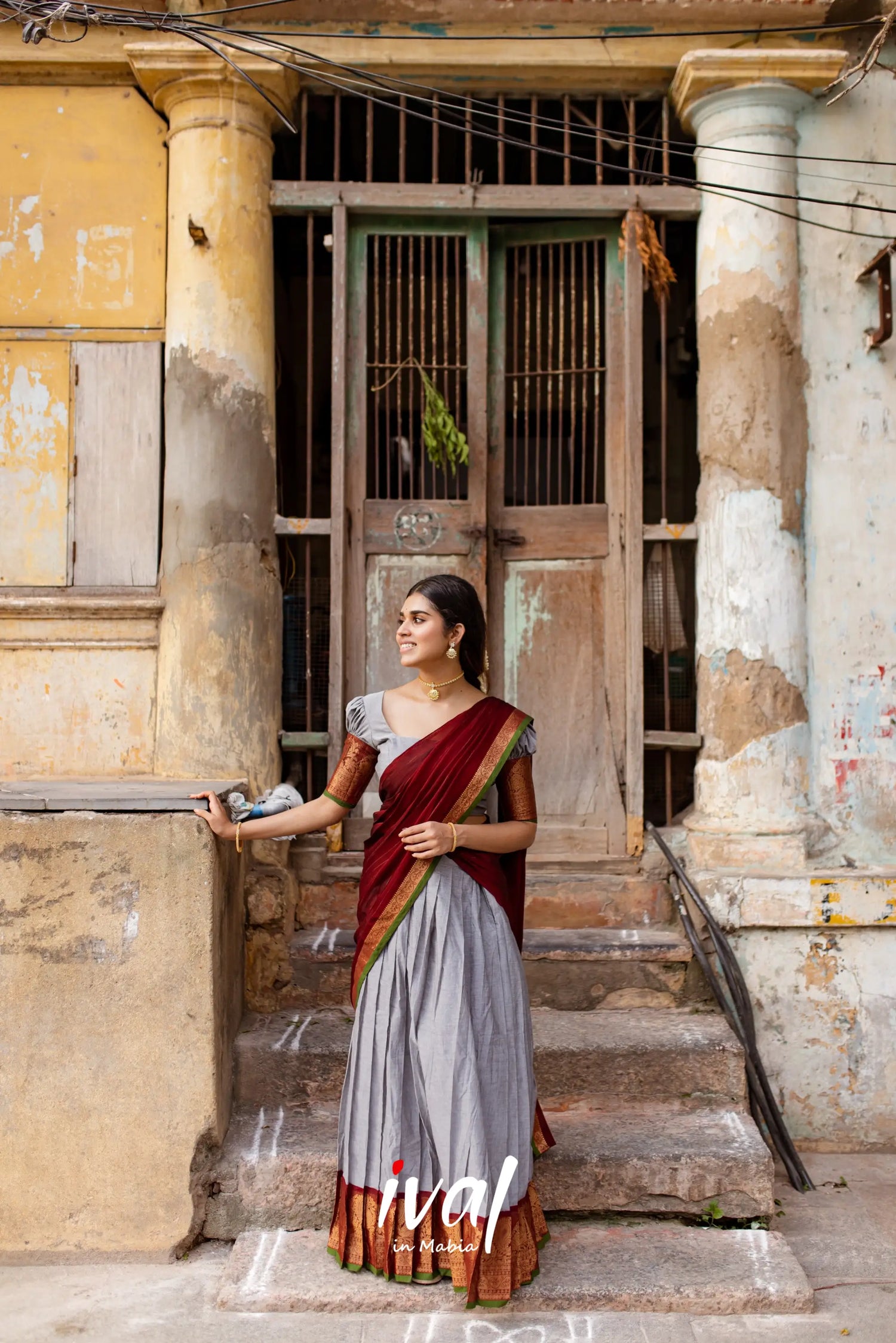 Padmaja - Grey And Maroon Cotton Halfsaree Half Sarees