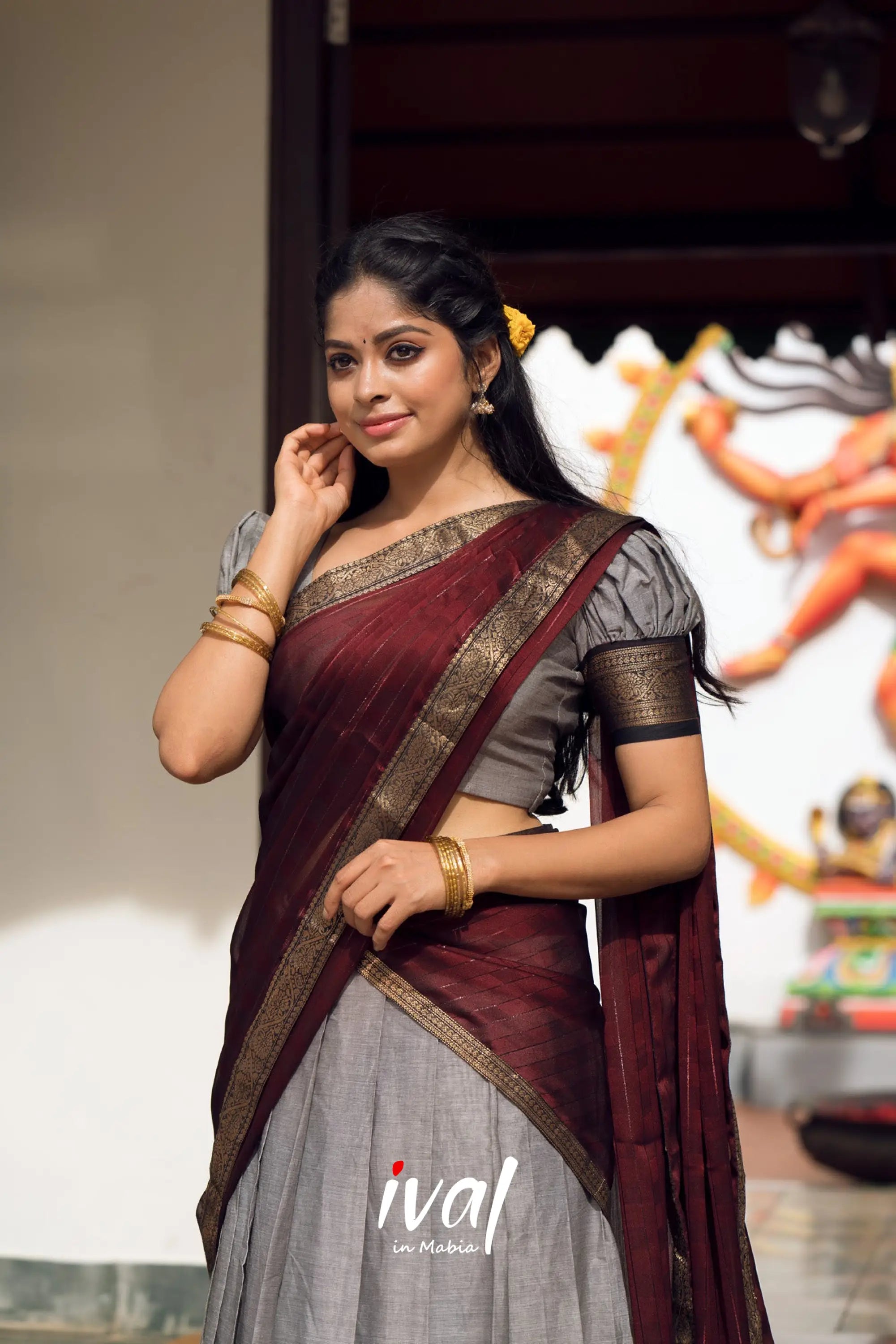 Padmaja - Grey And Maroon Cotton Halfsaree Half Sarees