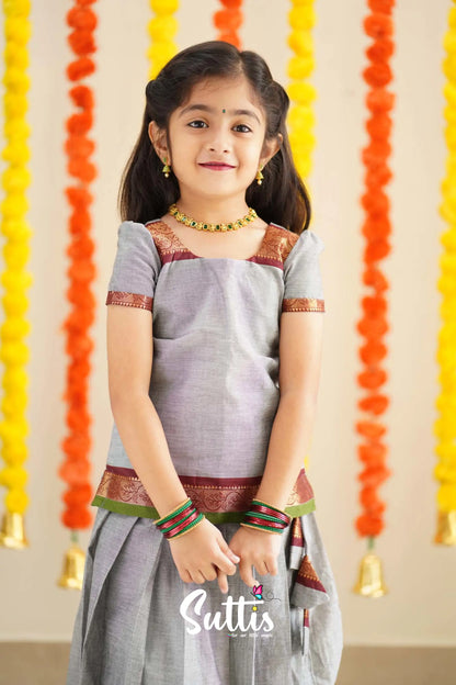 Padmaja - Grey And Maroon Handloom Cotton Pavadai Sattai Kids-Suttis