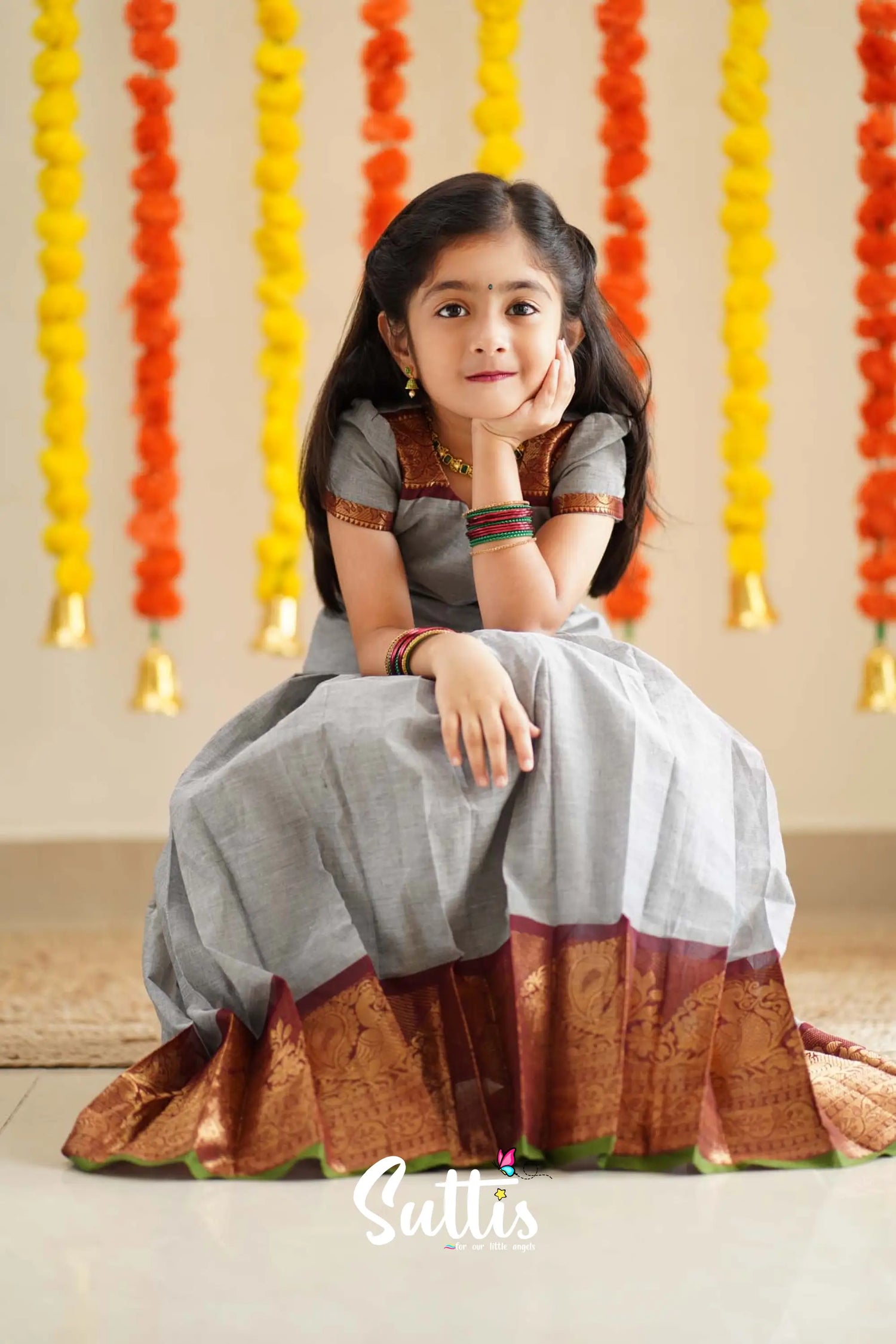 Padmaja - Grey And Maroon Handloom Cotton Pavadai Sattai Kids-Suttis