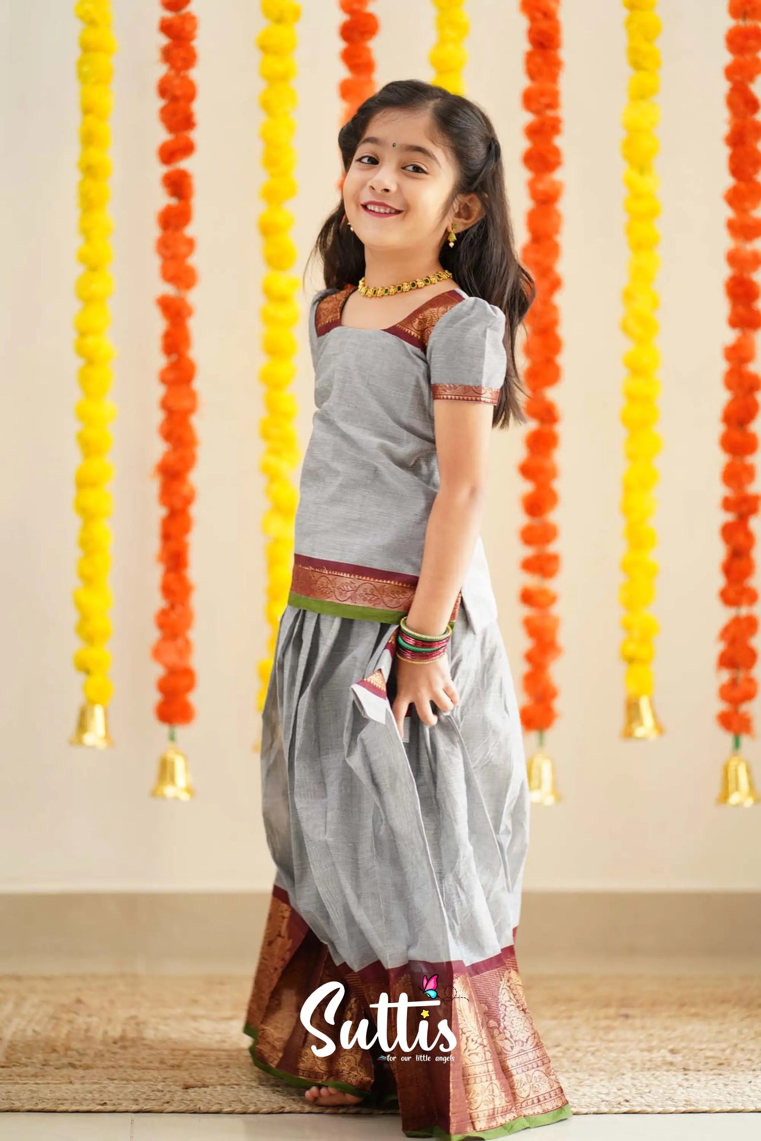 Padmaja - Grey And Maroon Handloom Cotton Pavadai Sattai Kids-Suttis