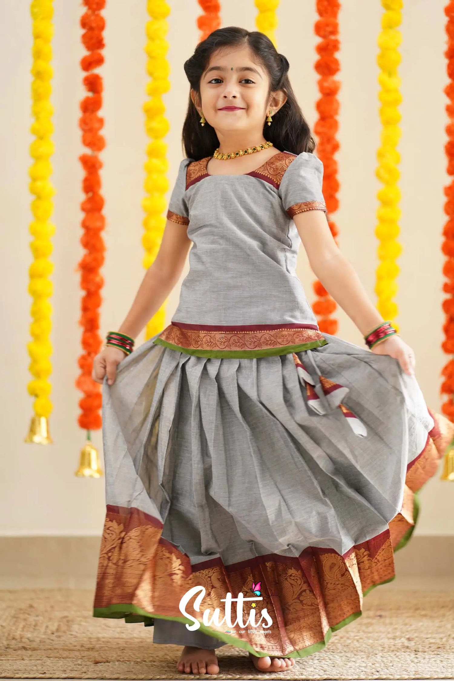 Padmaja - Grey And Maroon Handloom Cotton Pavadai Sattai Kids-Suttis