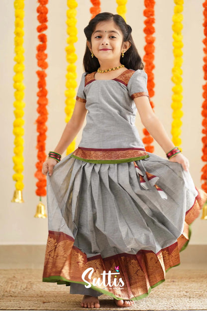 Padmaja - Grey And Maroon Handloom Cotton Pavadai Sattai Kids-Suttis