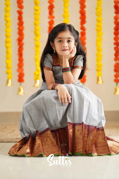 Padmaja - Grey And Maroon Handloom Cotton Pavadai Sattai Kids-Suttis