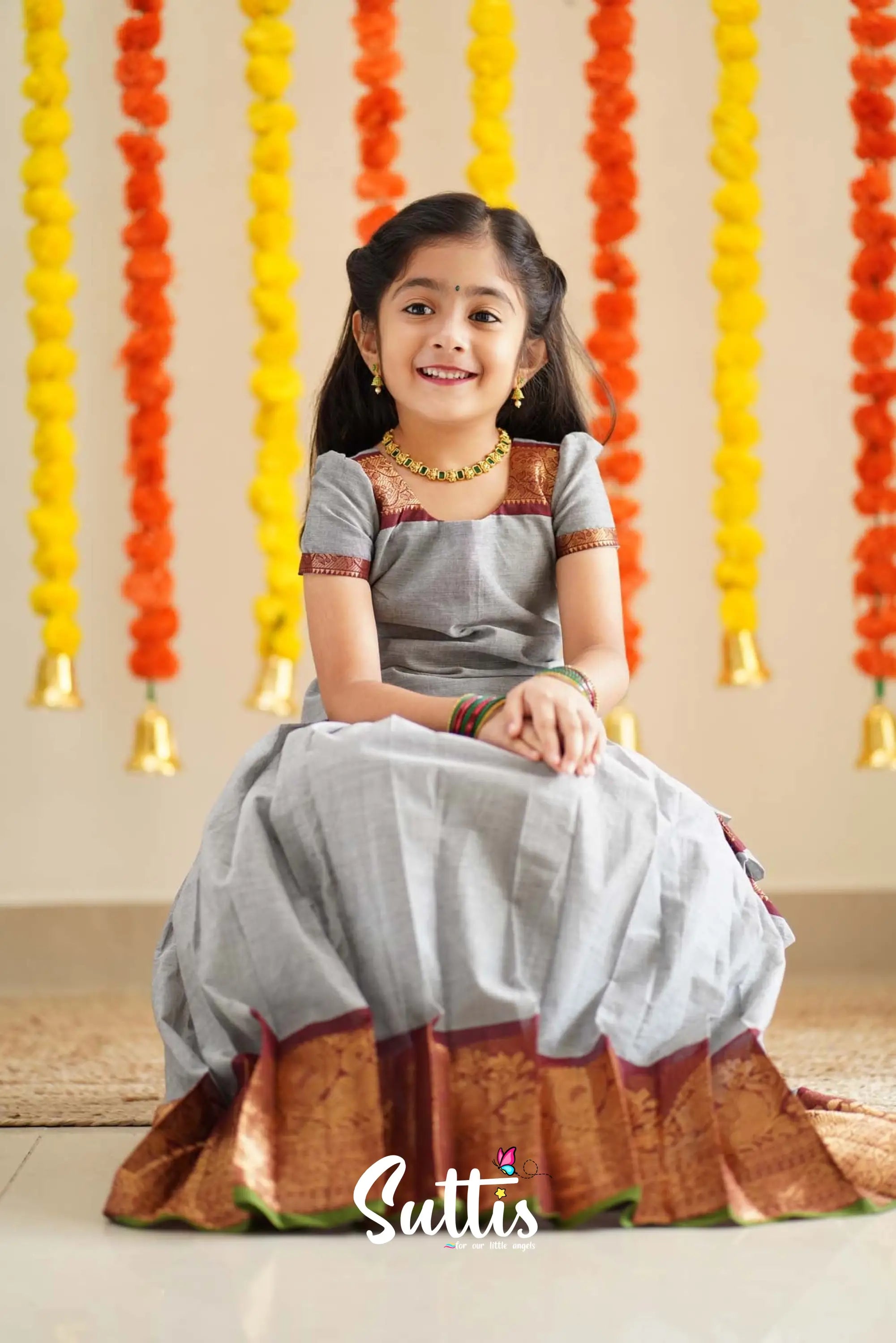 Padmaja - Grey And Maroon Handloom Cotton Pavadai Sattai Kids-Suttis