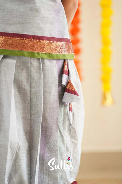 Padmaja - Grey And Maroon Handloom Cotton Pavadai Sattai Kids-Suttis