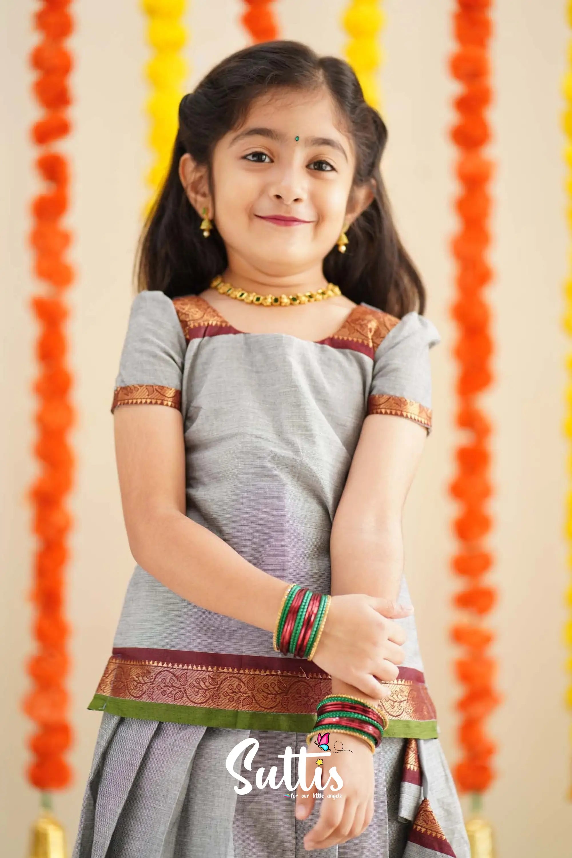 Padmaja - Grey And Maroon Handloom Cotton Pavadai Sattai Kids-Suttis