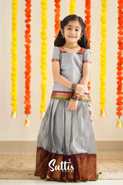 Padmaja - Grey And Maroon Handloom Cotton Pavadai Sattai Kids-Suttis