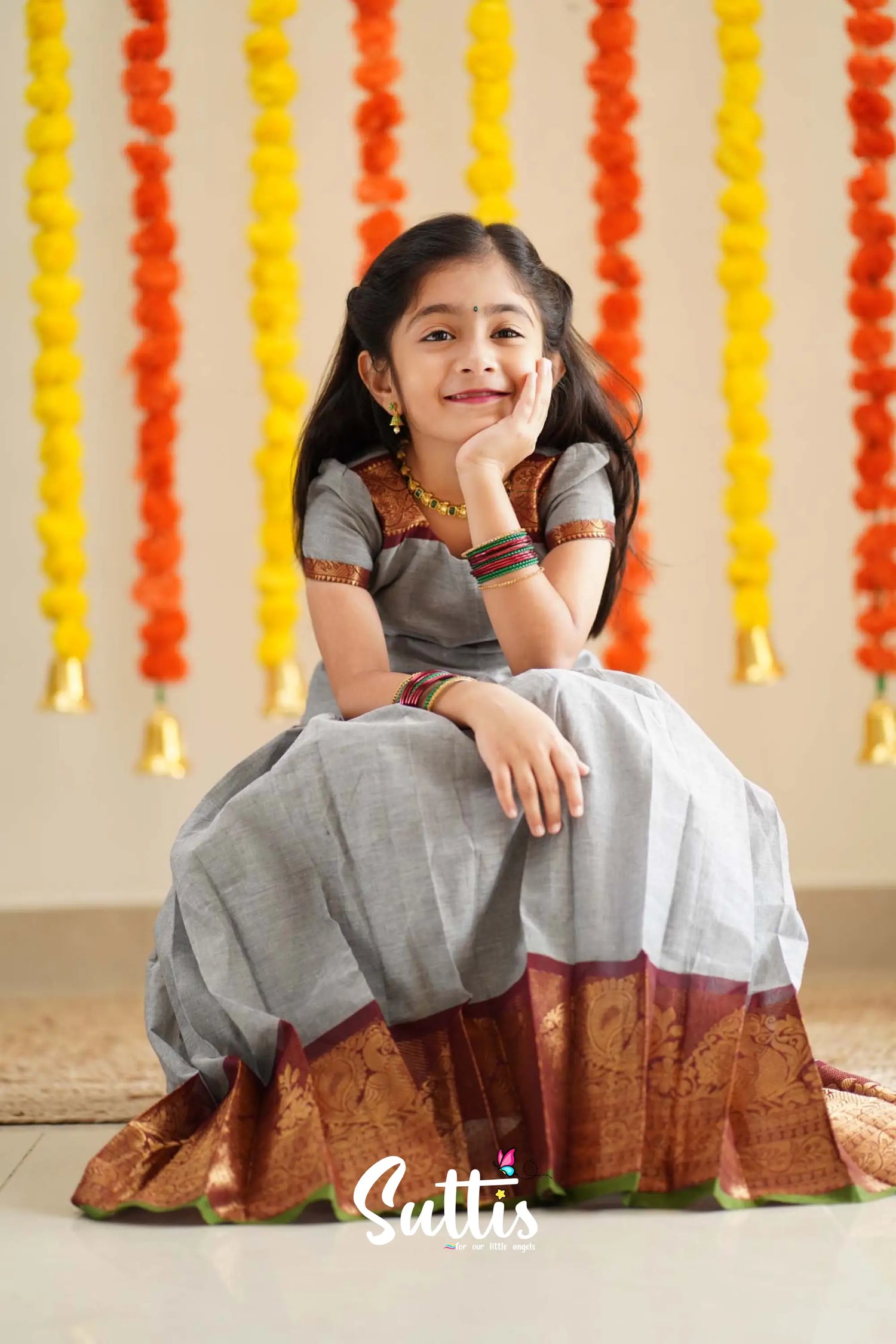 Padmaja - Grey And Maroon Handloom Cotton Pavadai Sattai Kids-Suttis