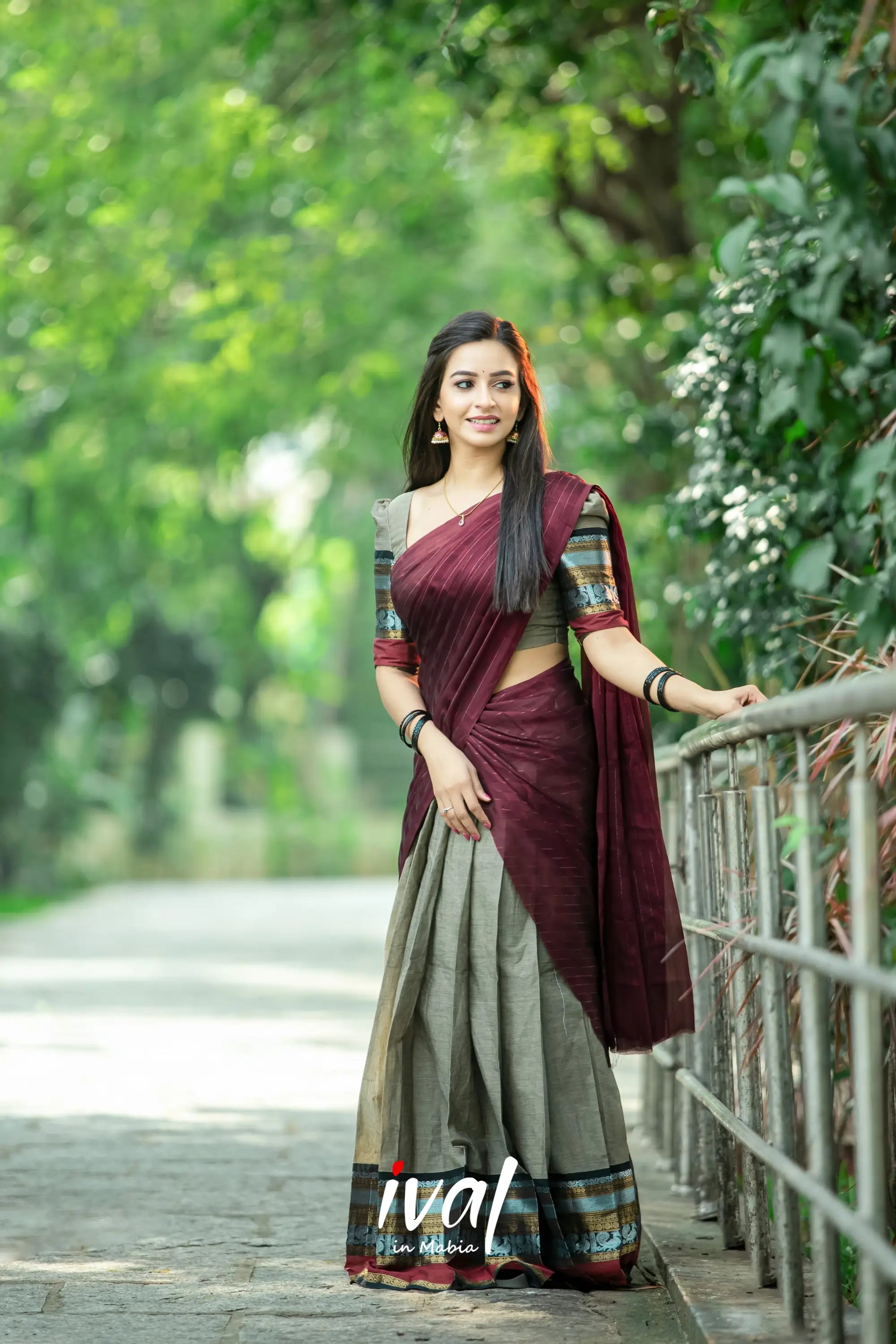 Padmaja - Greyish Brown And Dark Maroon Cotton Halfsaree Half Sarees