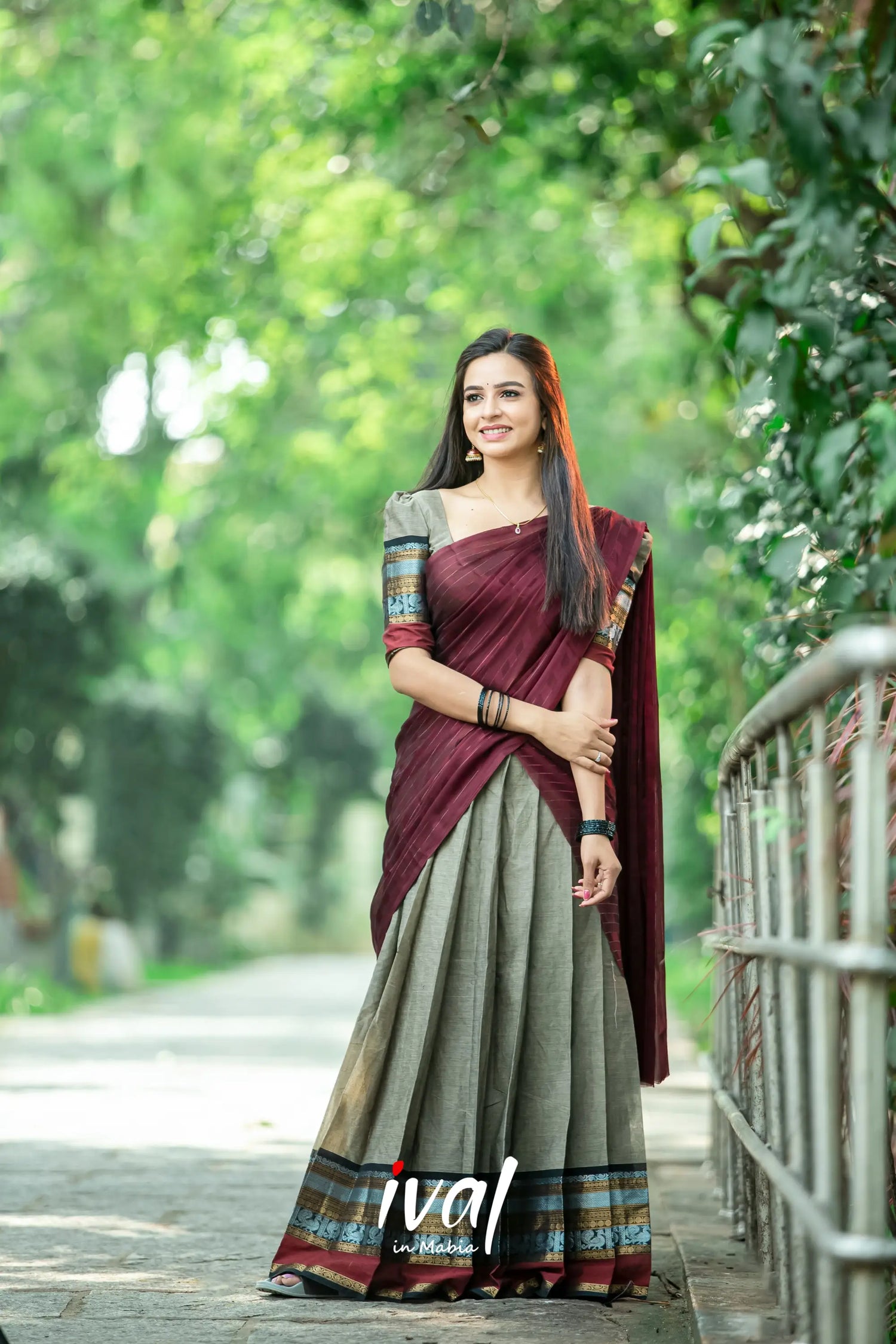 Padmaja - Greyish Brown And Dark Maroon Cotton Halfsaree Half Sarees