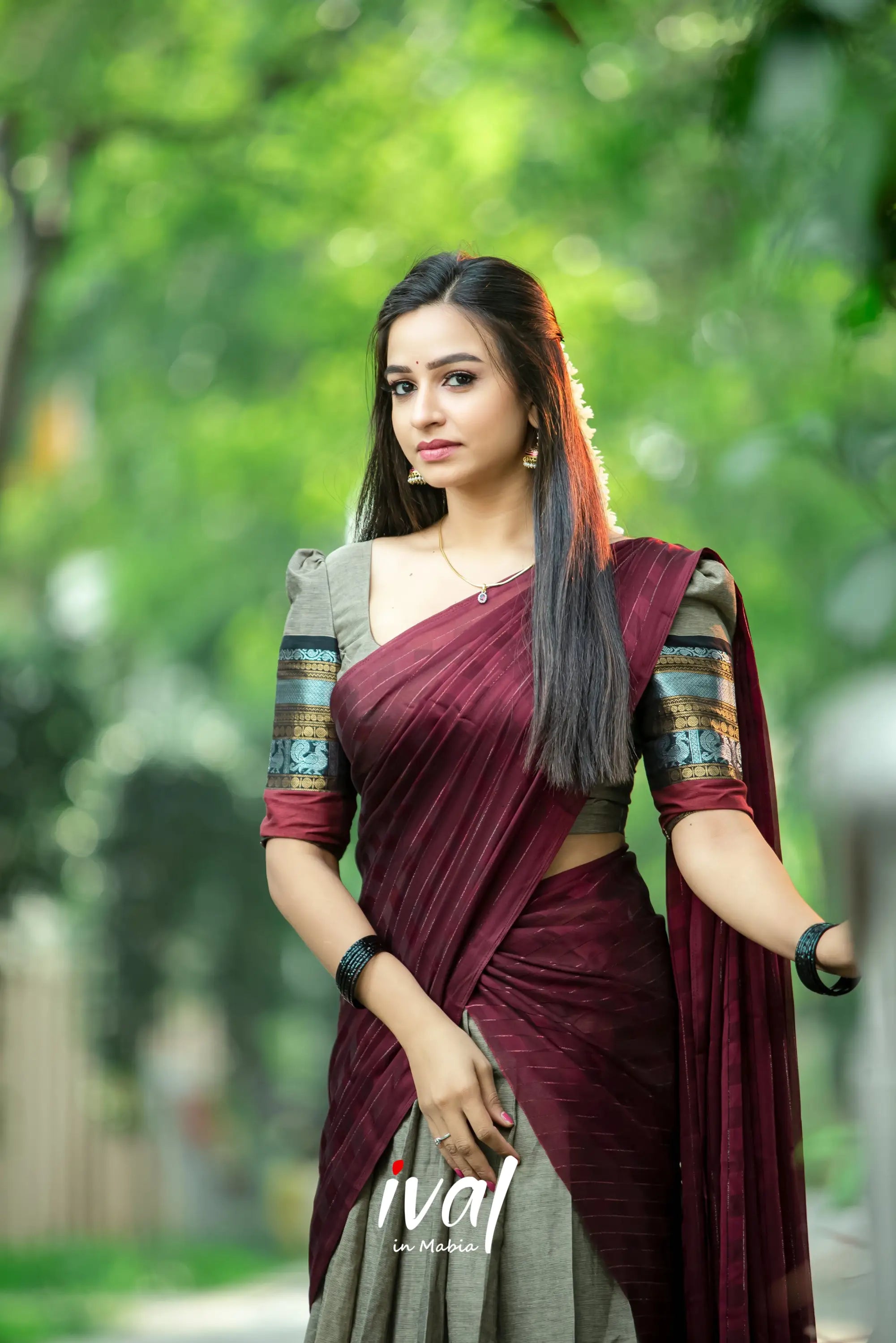 Padmaja - Greyish Brown And Dark Maroon Cotton Halfsaree Half Sarees