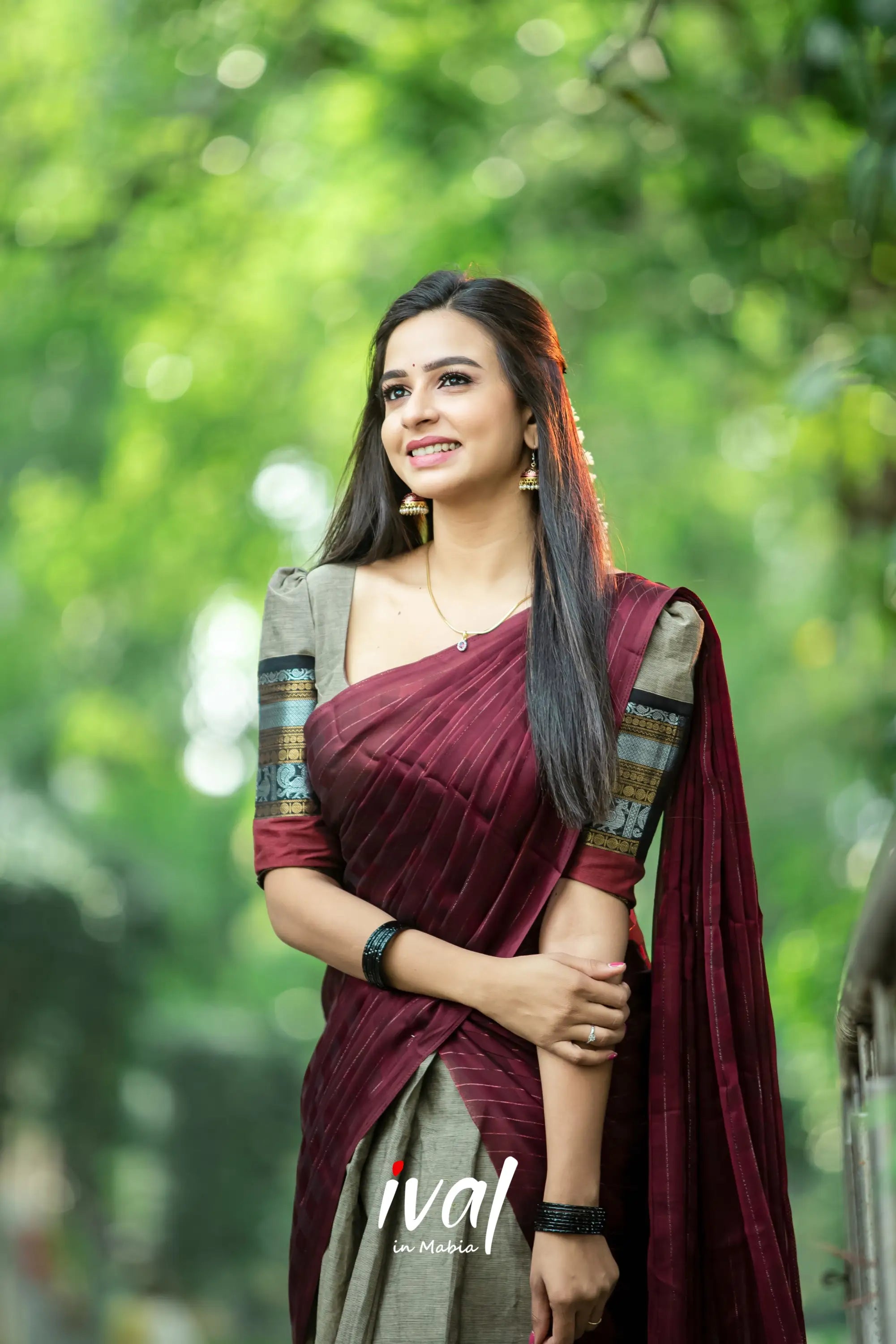 Padmaja - Greyish Brown And Dark Maroon Cotton Halfsaree Half Sarees