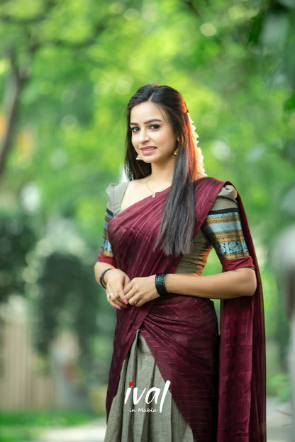 Padmaja - Greyish Brown And Dark Maroon Cotton Halfsaree Half Sarees