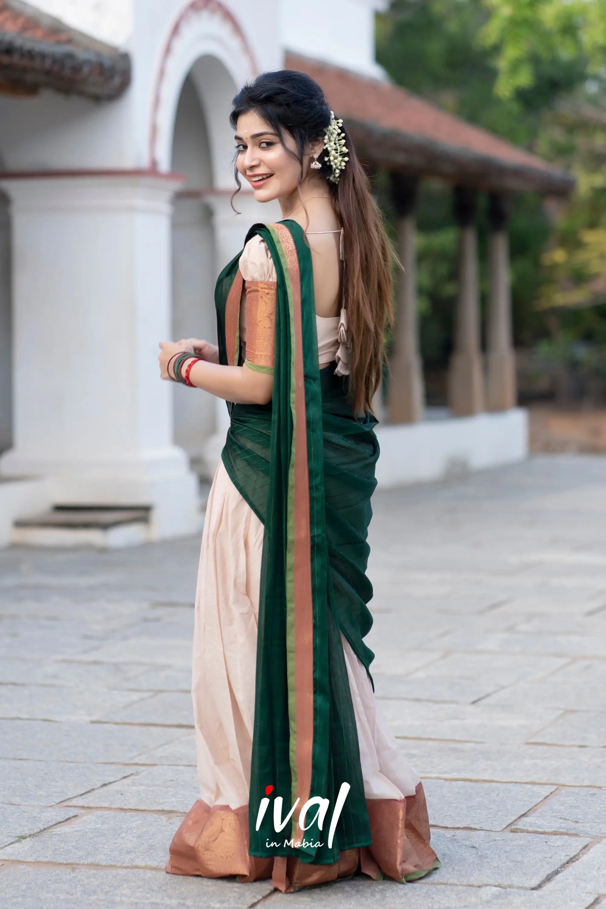 Padmaja - Half White And Bottle Green Cotton Halfsaree Sarees