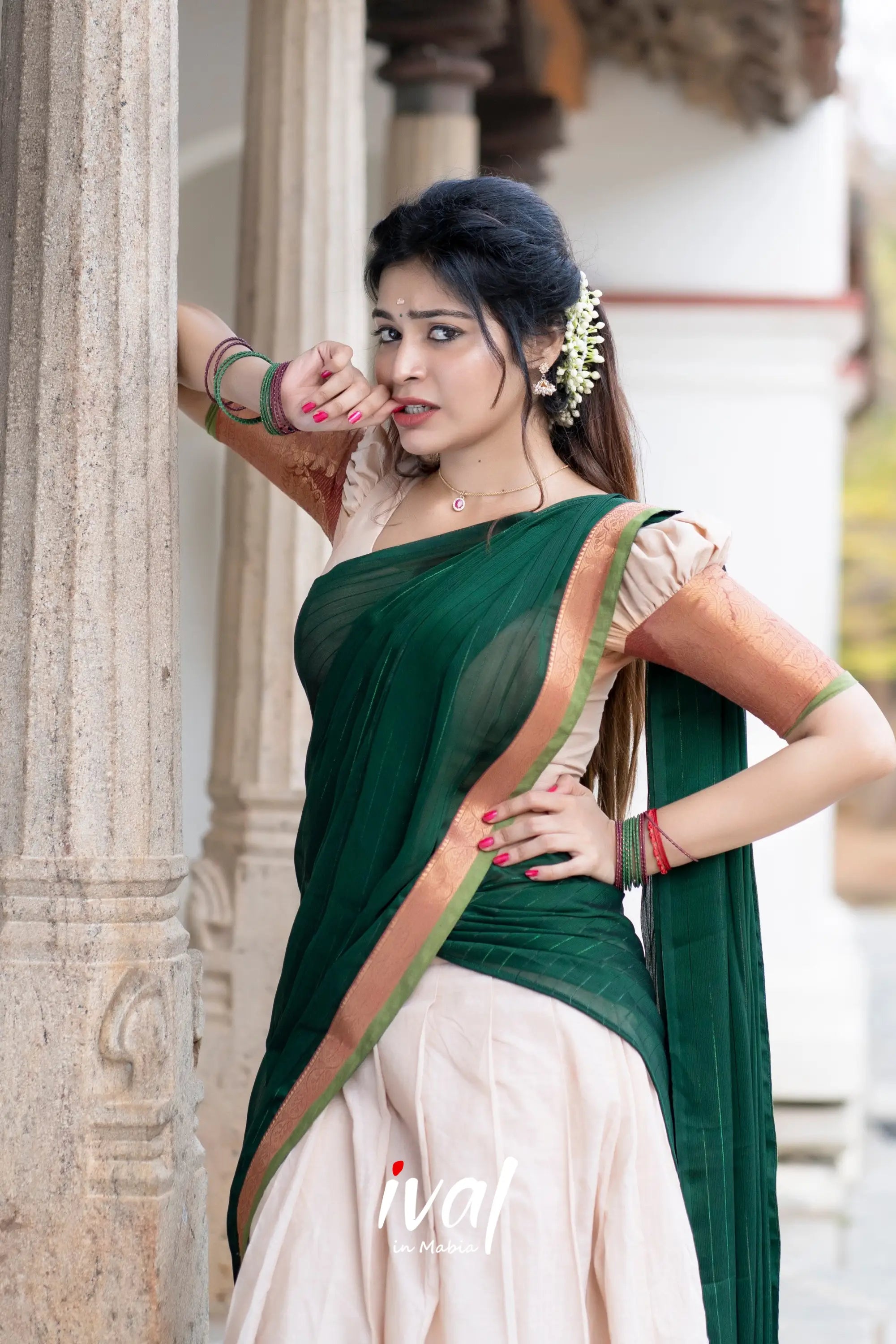 Padmaja - Half White And Bottle Green Cotton Halfsaree Sarees