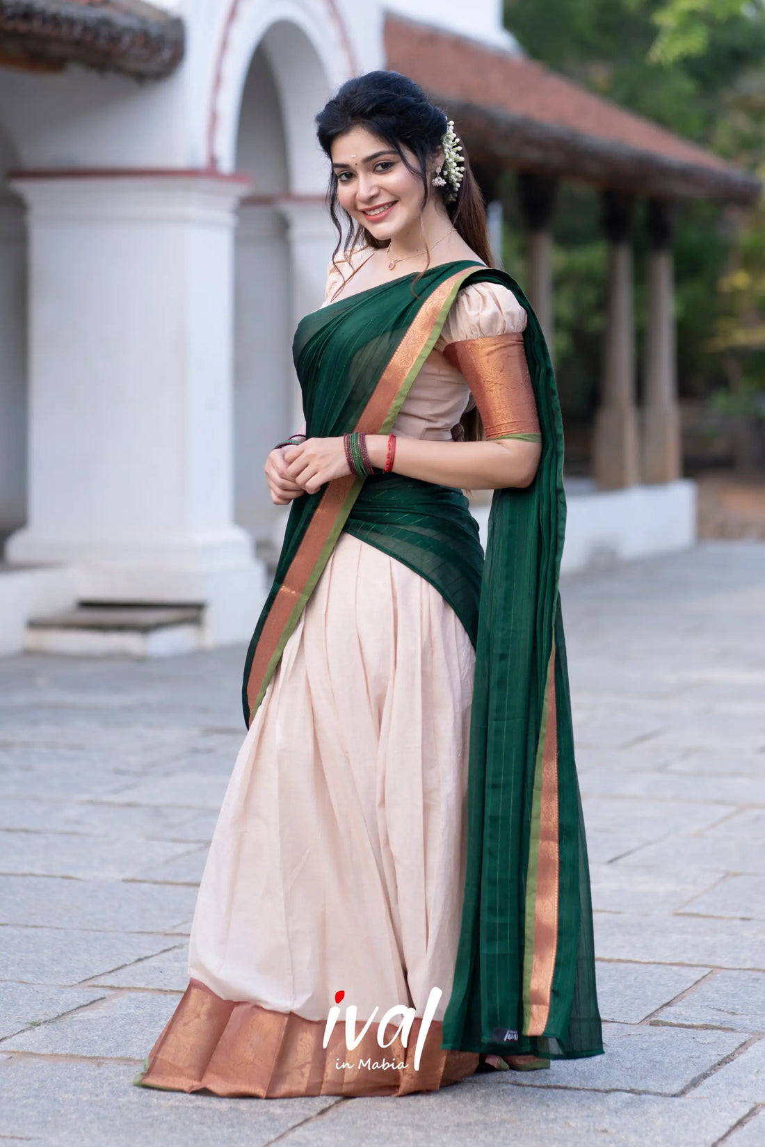 Padmaja - Half White And Bottle Green Cotton Halfsaree Sarees