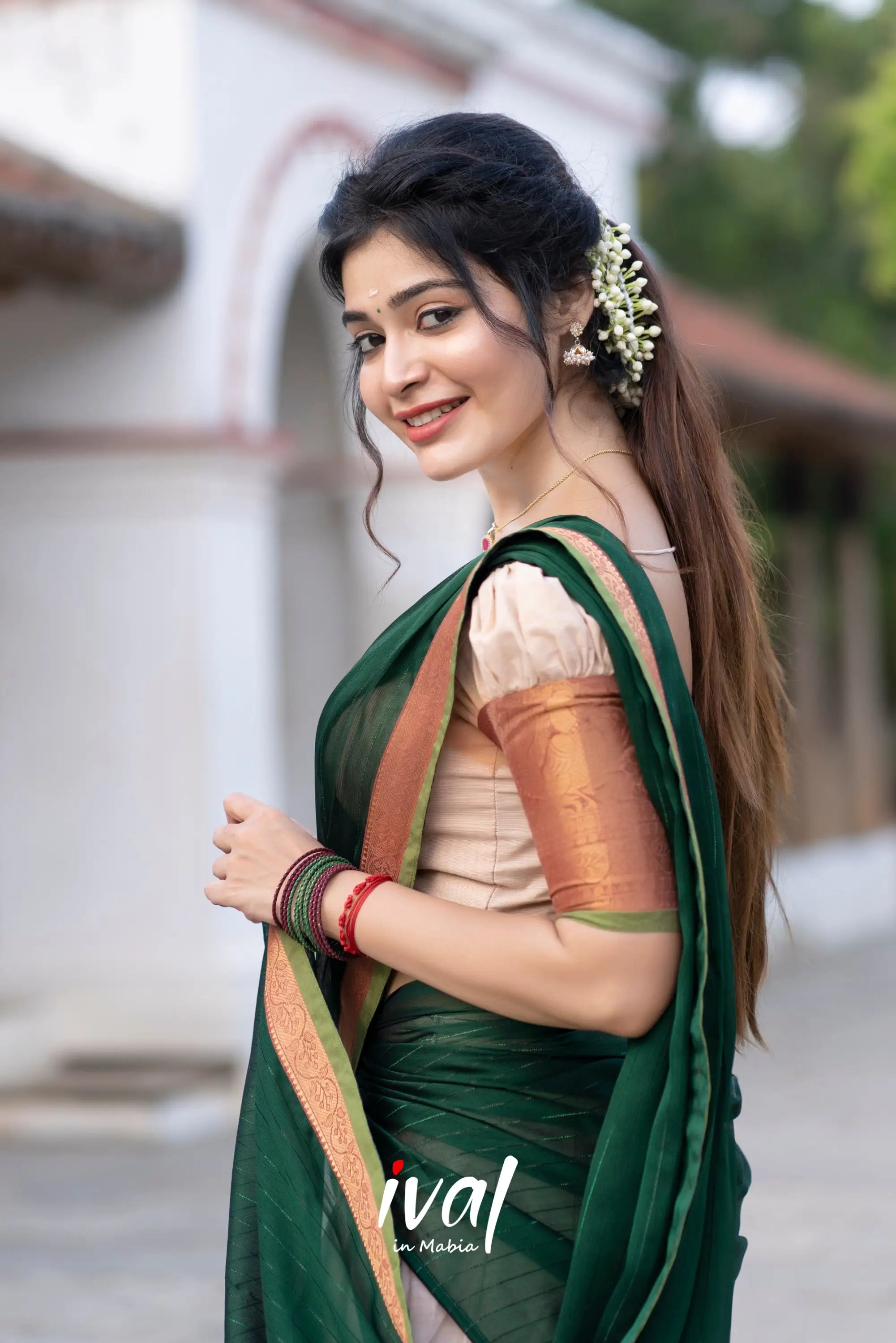 Padmaja - Half White And Bottle Green Cotton Halfsaree Sarees