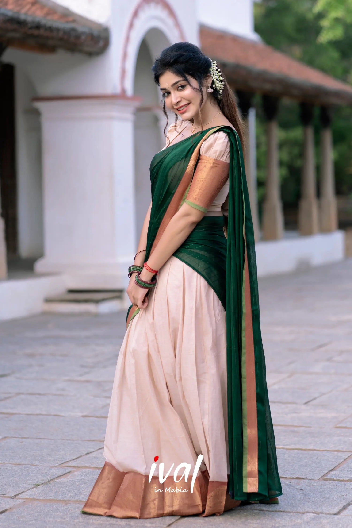 Padmaja - Half White And Bottle Green Cotton Halfsaree Sarees