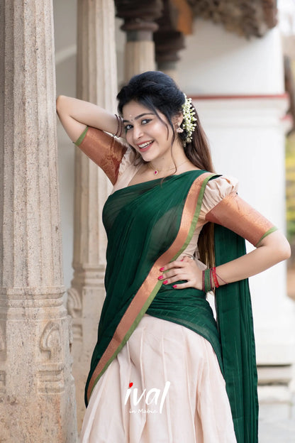 Padmaja - Half White And Bottle Green Cotton Halfsaree Sarees