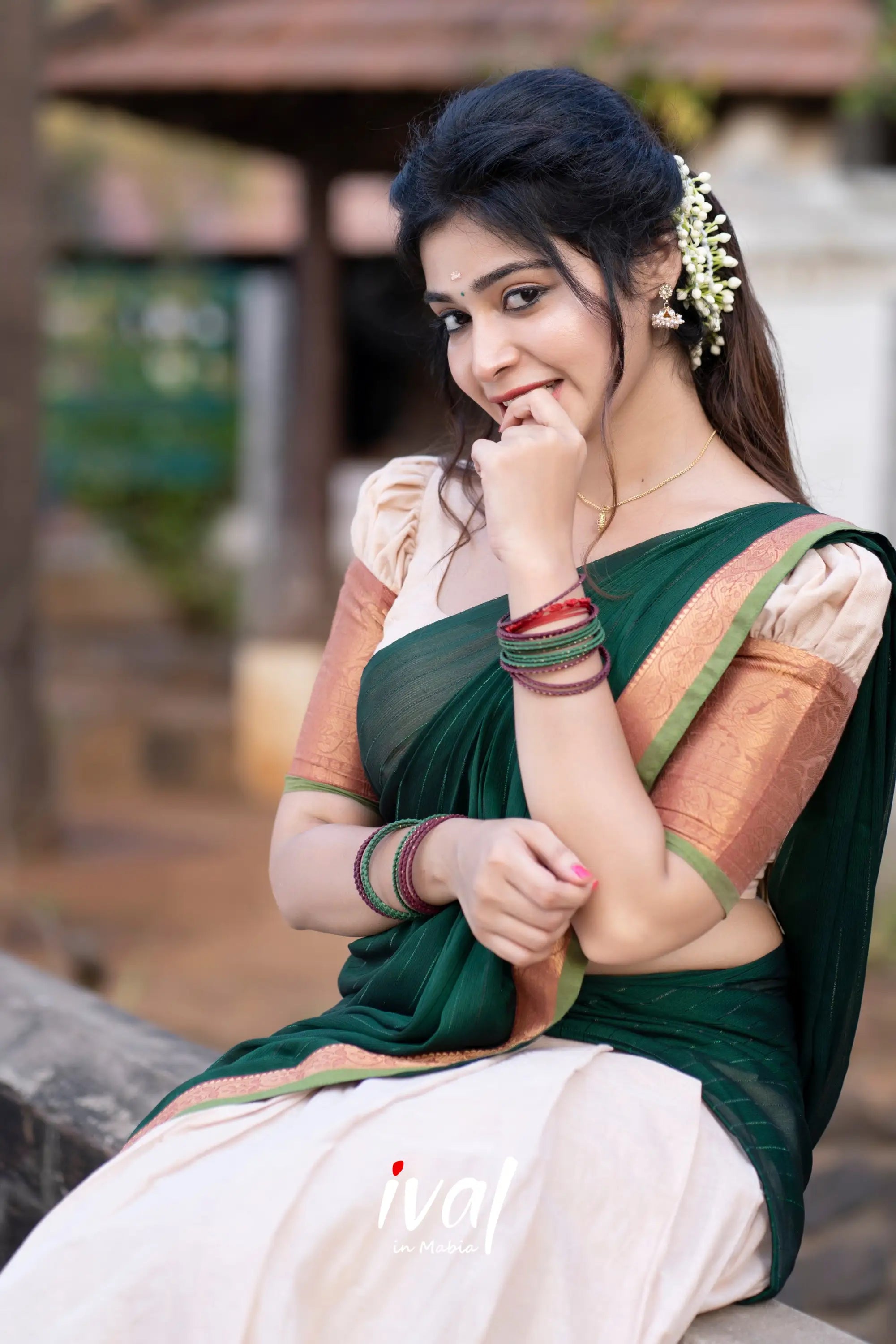 Padmaja - Half White And Bottle Green Cotton Halfsaree Sarees