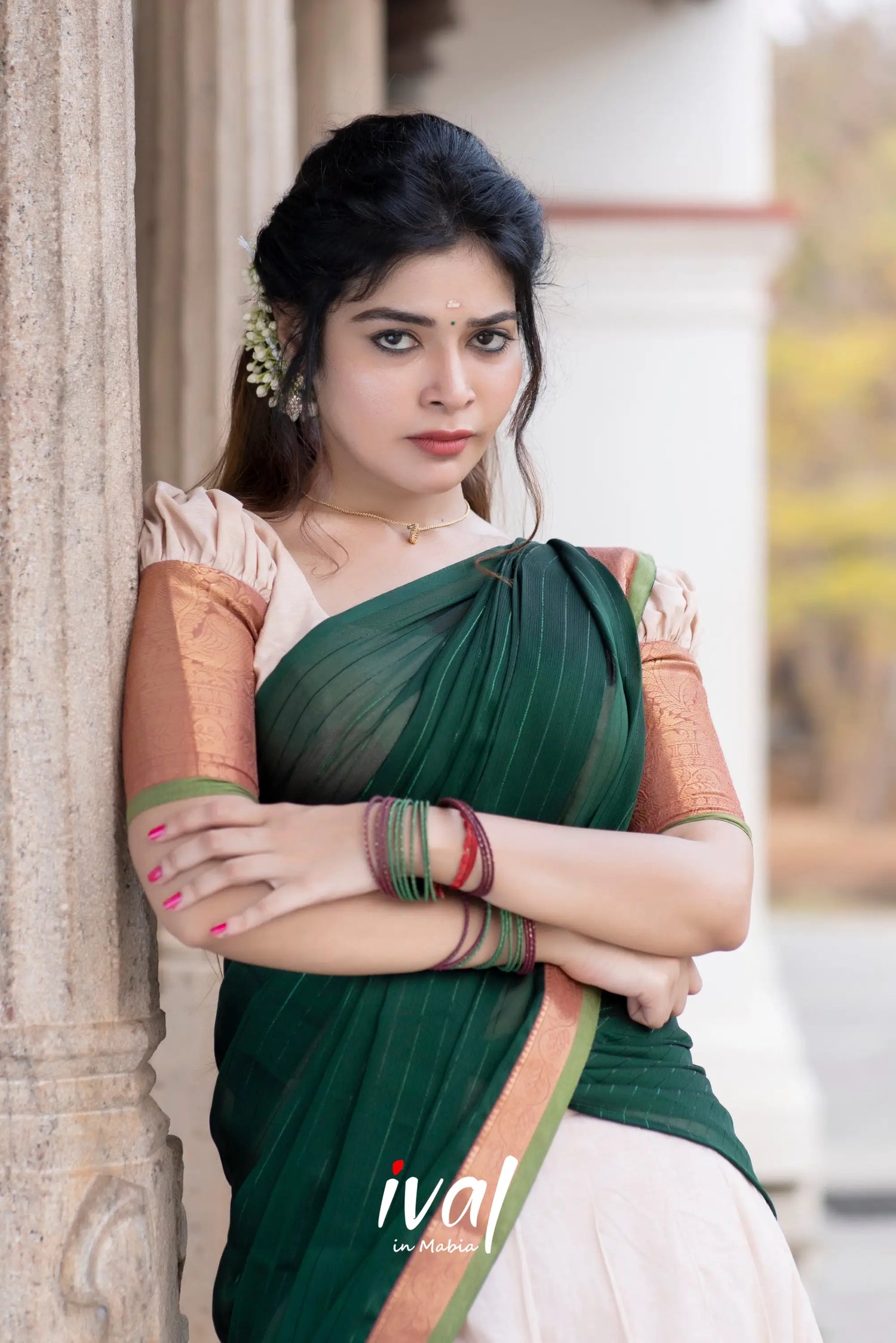 Padmaja - Half White And Bottle Green Cotton Halfsaree Sarees