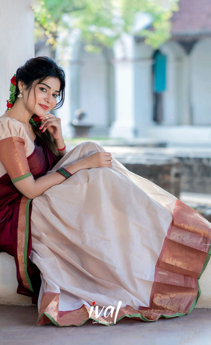 Padmaja - Half White And Maroon Cotton Halfsaree Sarees