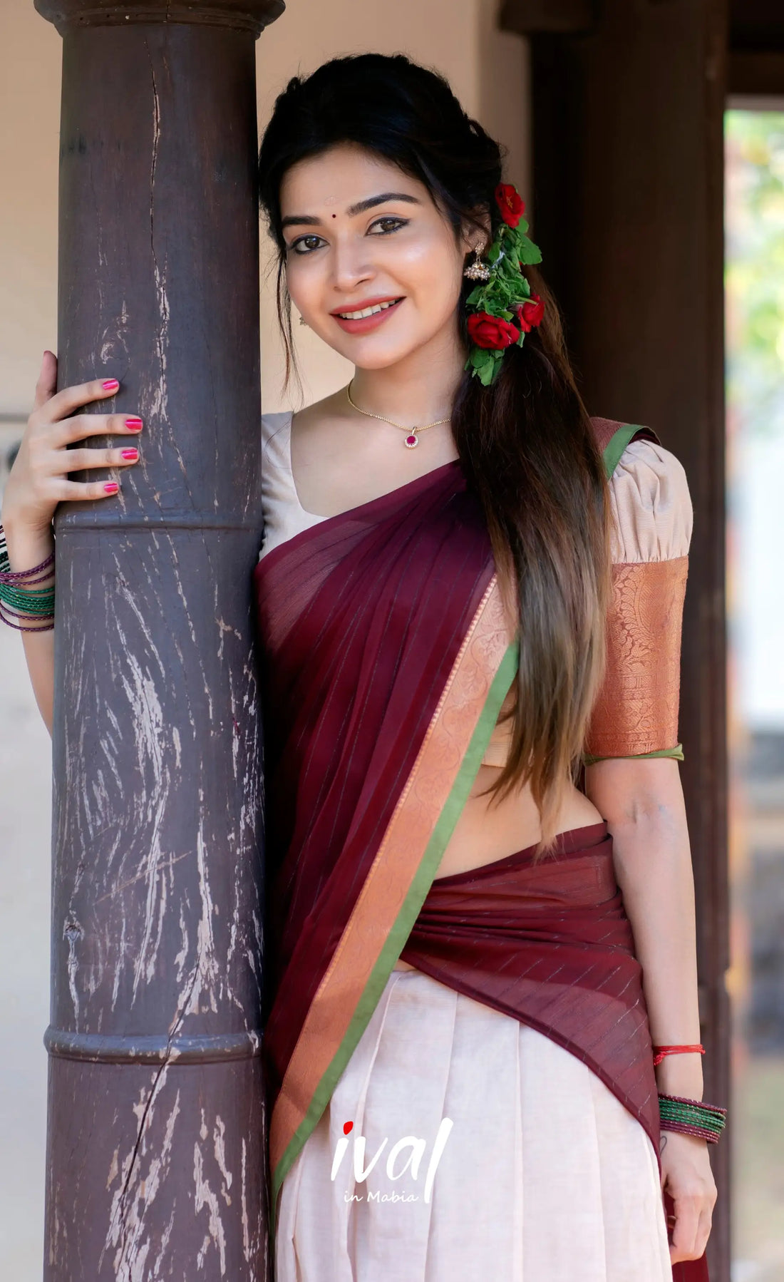 Padmaja - Half White And Maroon Cotton Halfsaree Sarees