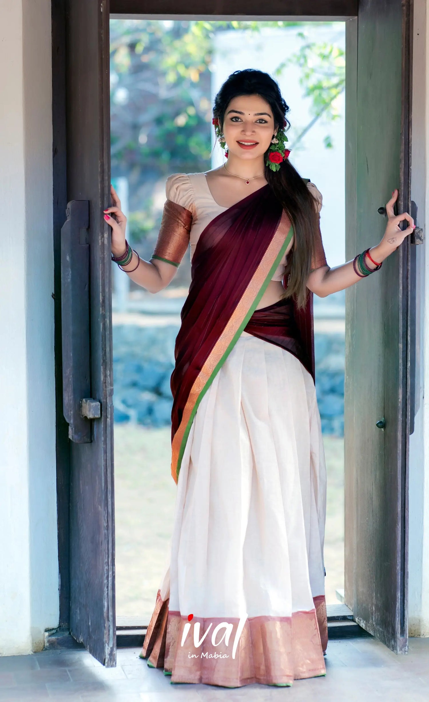 Padmaja Half White and Maroon Cotton Halfsaree