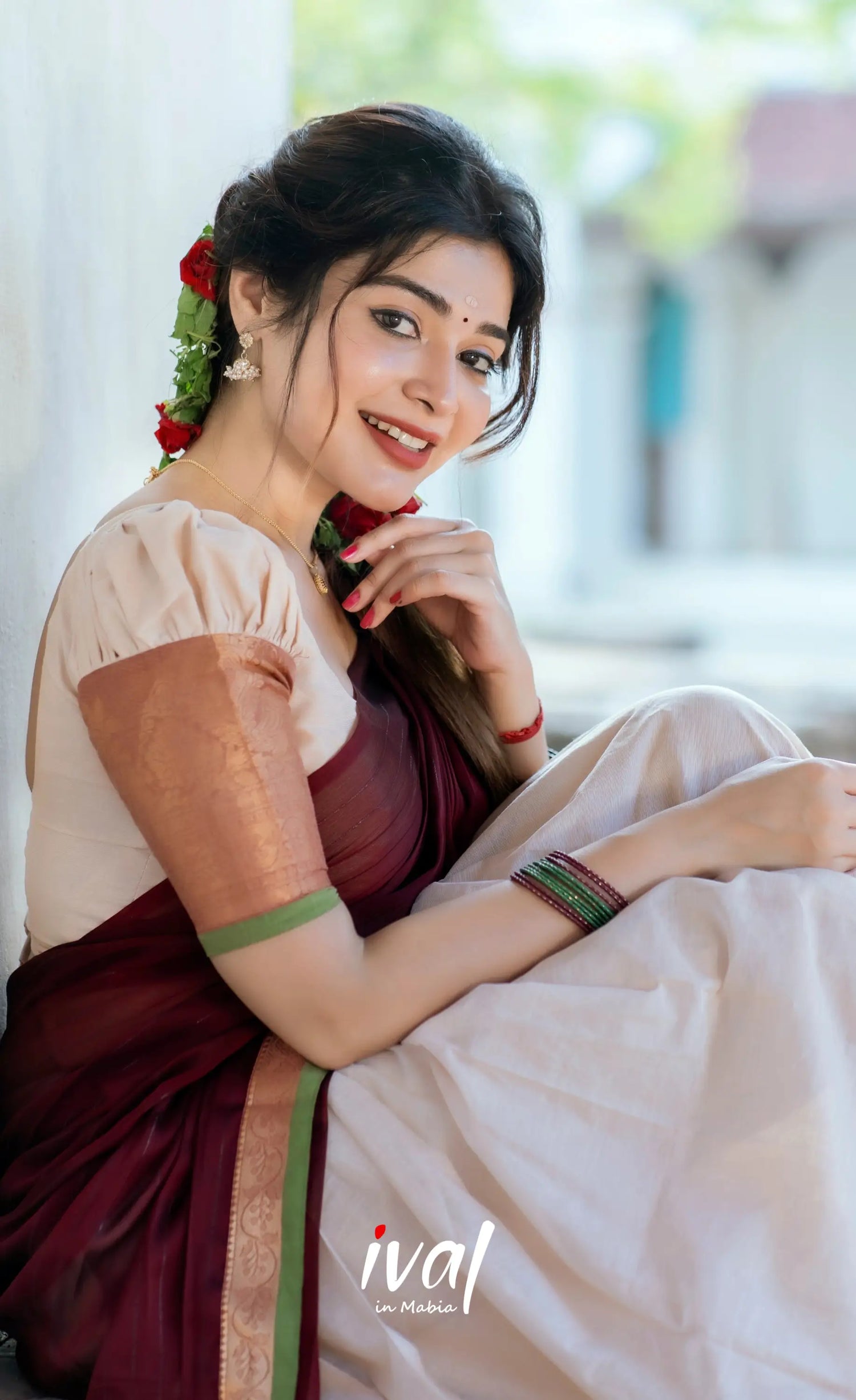 Padmaja - Half White And Maroon Cotton Halfsaree Sarees