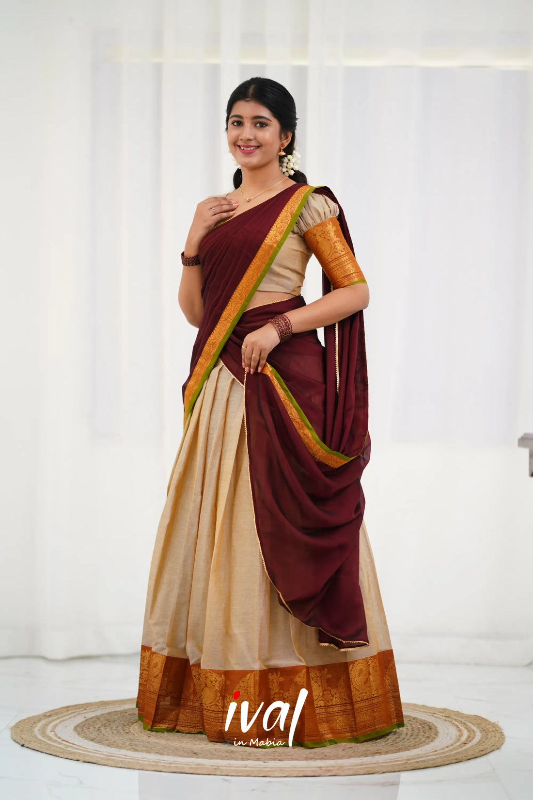 Padmaja - Half White And Maroon Cotton Halfsaree Sarees