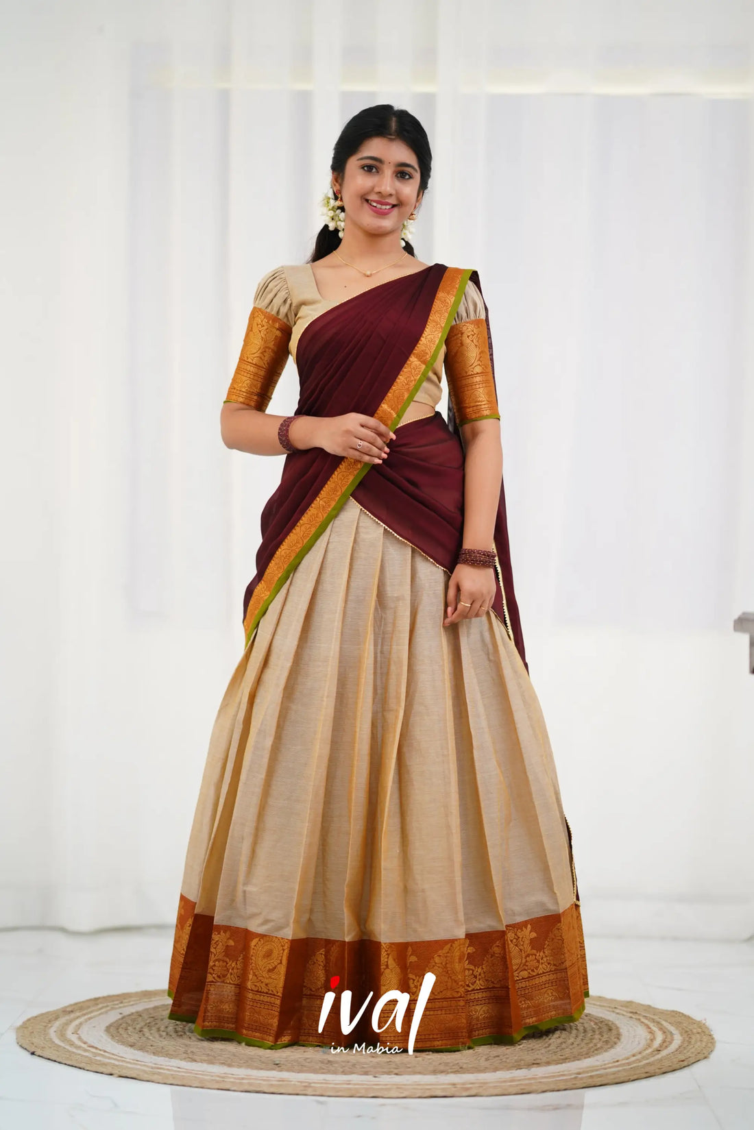 Padmaja - Half White And Maroon Cotton Halfsaree Sarees