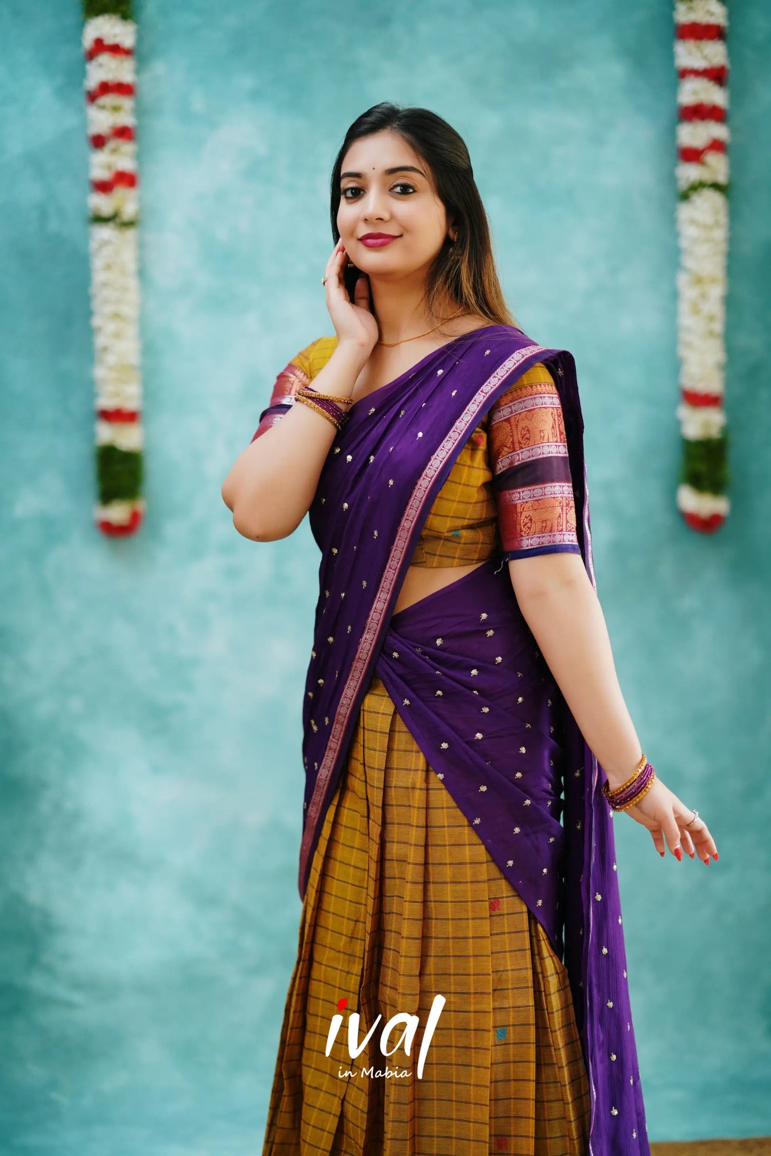 Padmaja - Henna Green And Purple Cotton Halfsaree Half Sarees