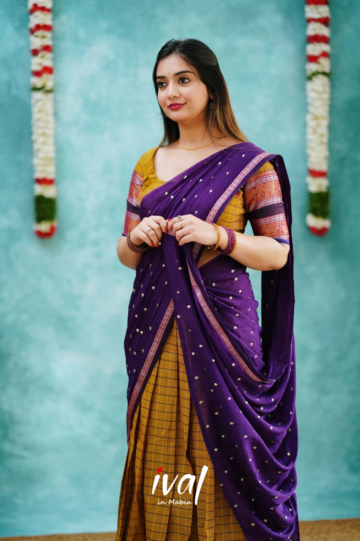 Padmaja - Henna Green And Purple Cotton Halfsaree Half Sarees