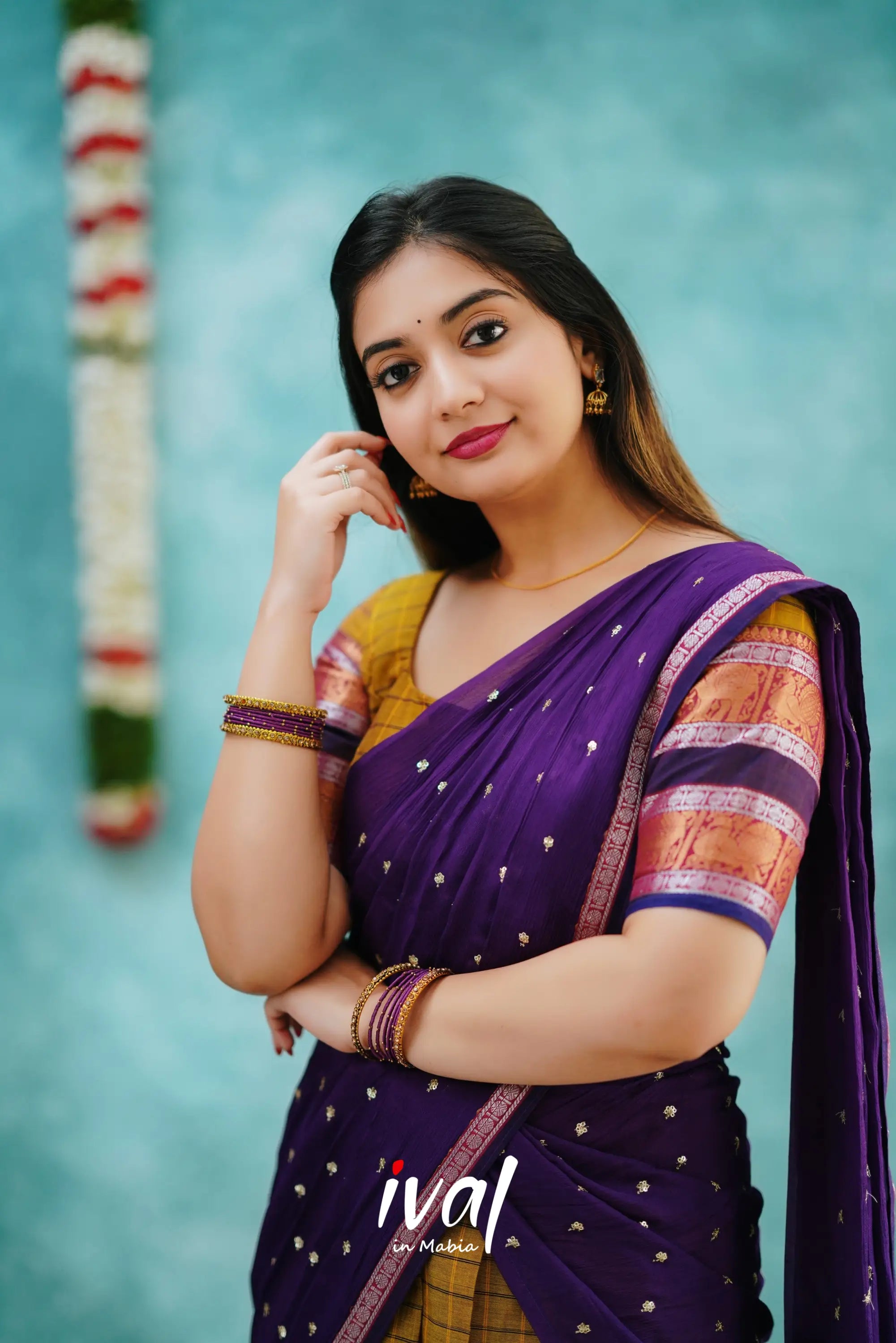 Padmaja - Henna Green And Purple Cotton Halfsaree Half Sarees