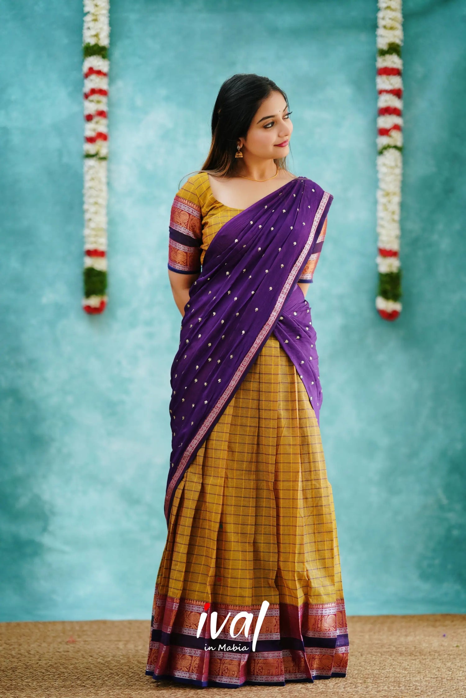 Padmaja - Henna Green And Purple Cotton Halfsaree Half Sarees