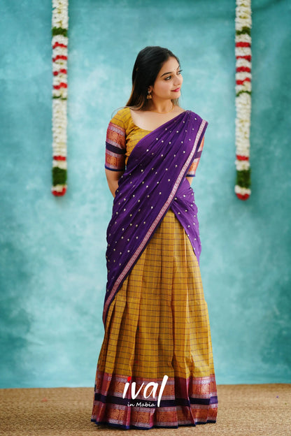 Padmaja - Henna Green And Purple Cotton Halfsaree Half Sarees