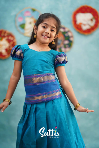 Padmaja - Light Blue And Magenta Pink Pavadai Sattai Kids-Suttis