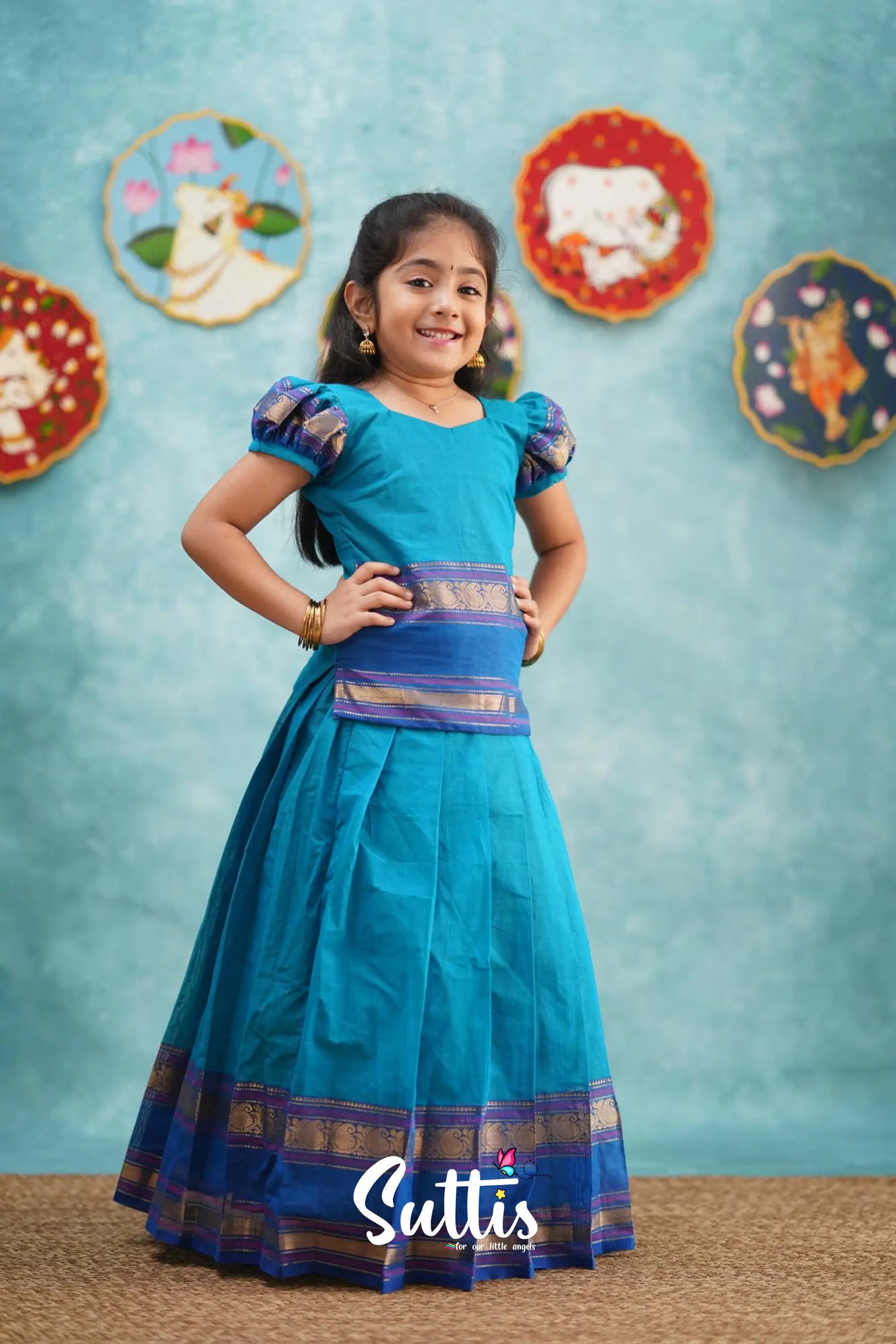 Padmaja - Light Blue And Magenta Pink Pavadai Sattai Kids-Suttis