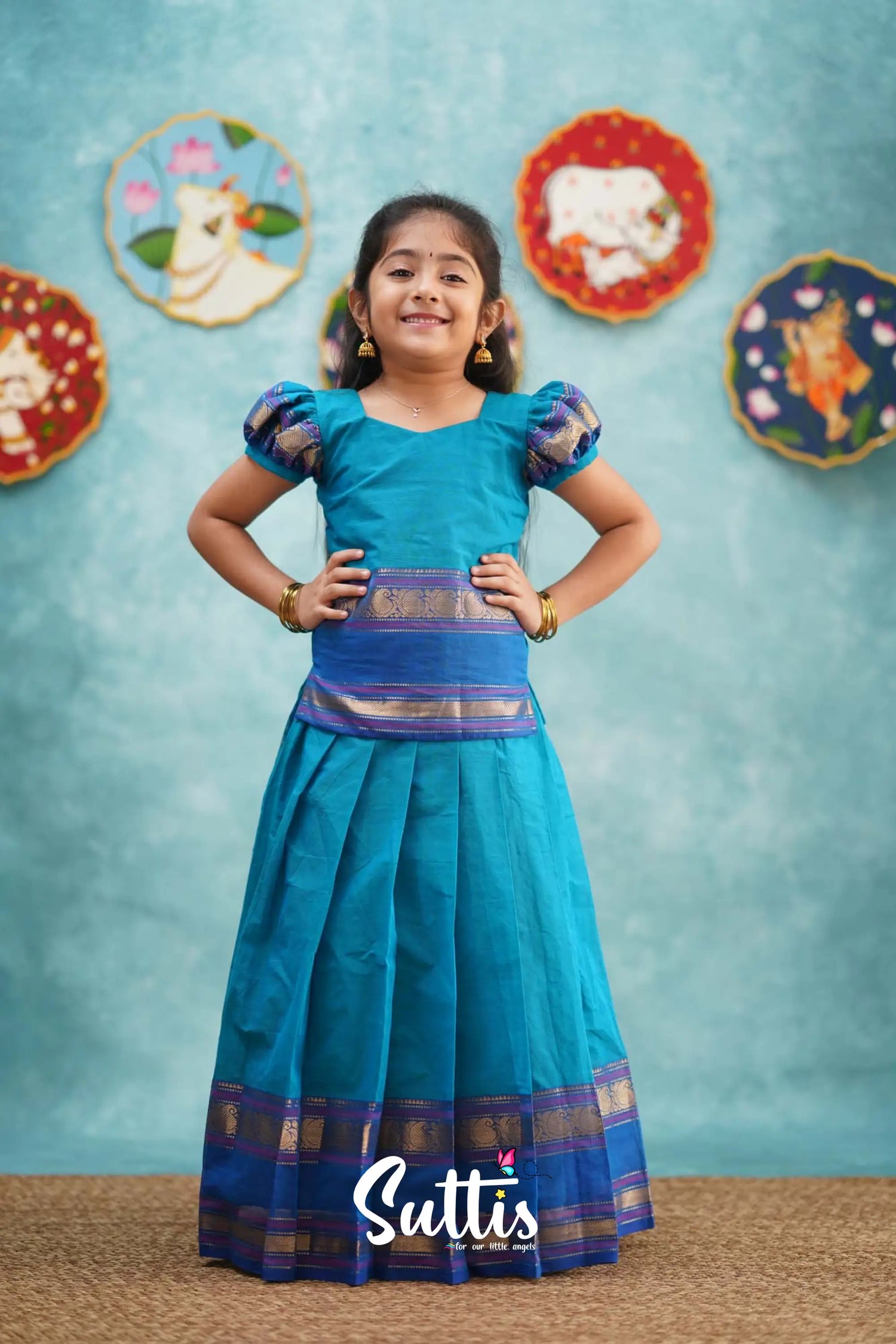 Padmaja - Light Blue And Magenta Pink Pavadai Sattai Kids-Suttis