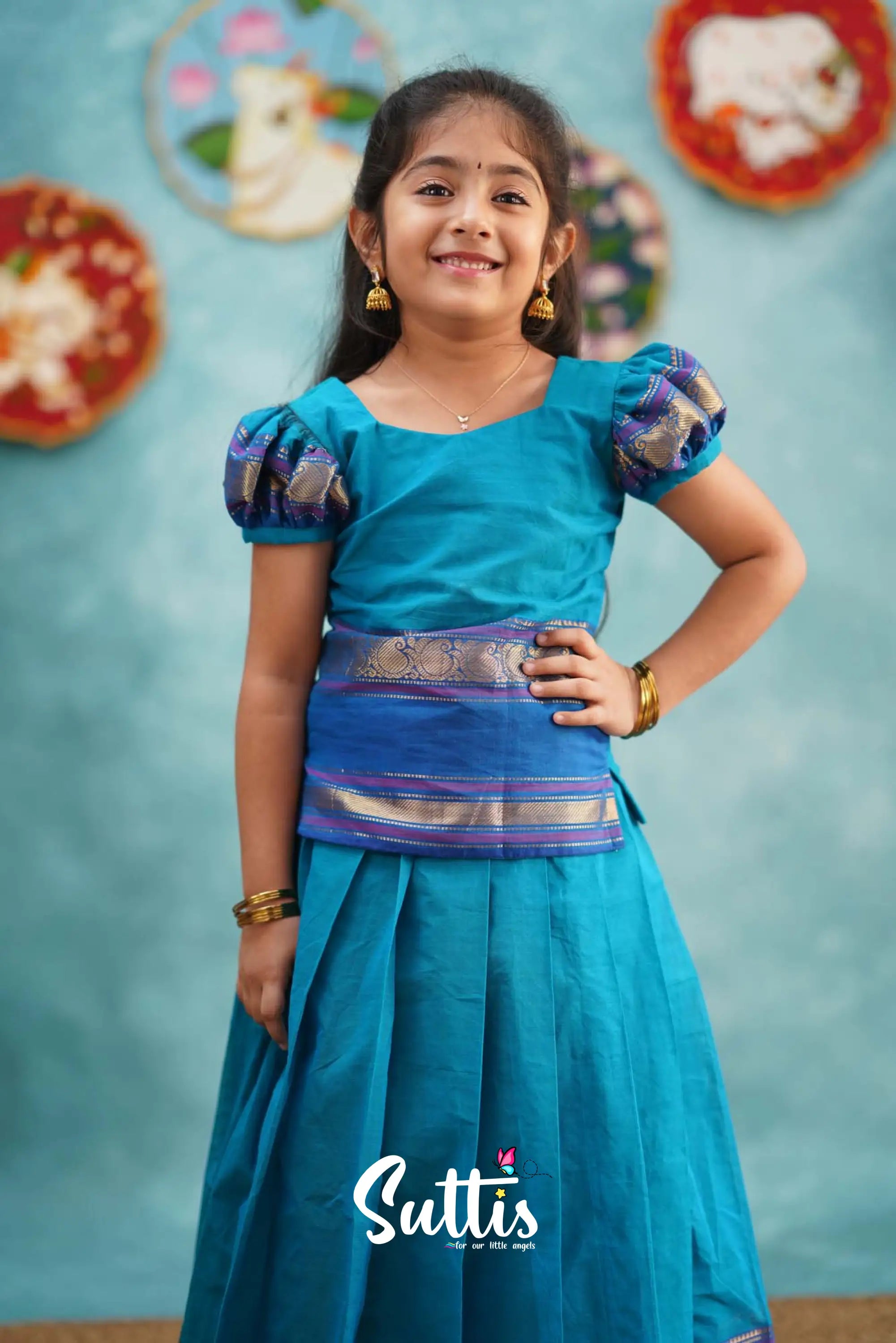 Padmaja - Light Blue And Magenta Pink Pavadai Sattai Kids-Suttis