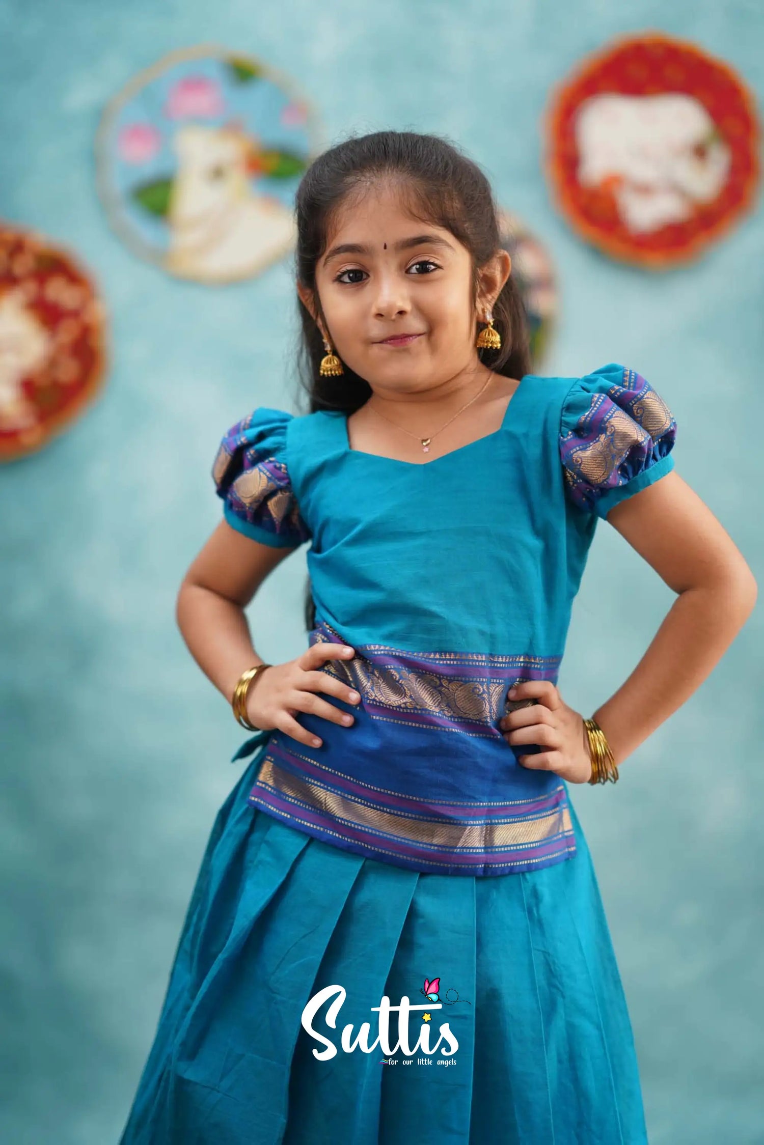 Padmaja - Light Blue And Magenta Pink Pavadai Sattai Kids-Suttis