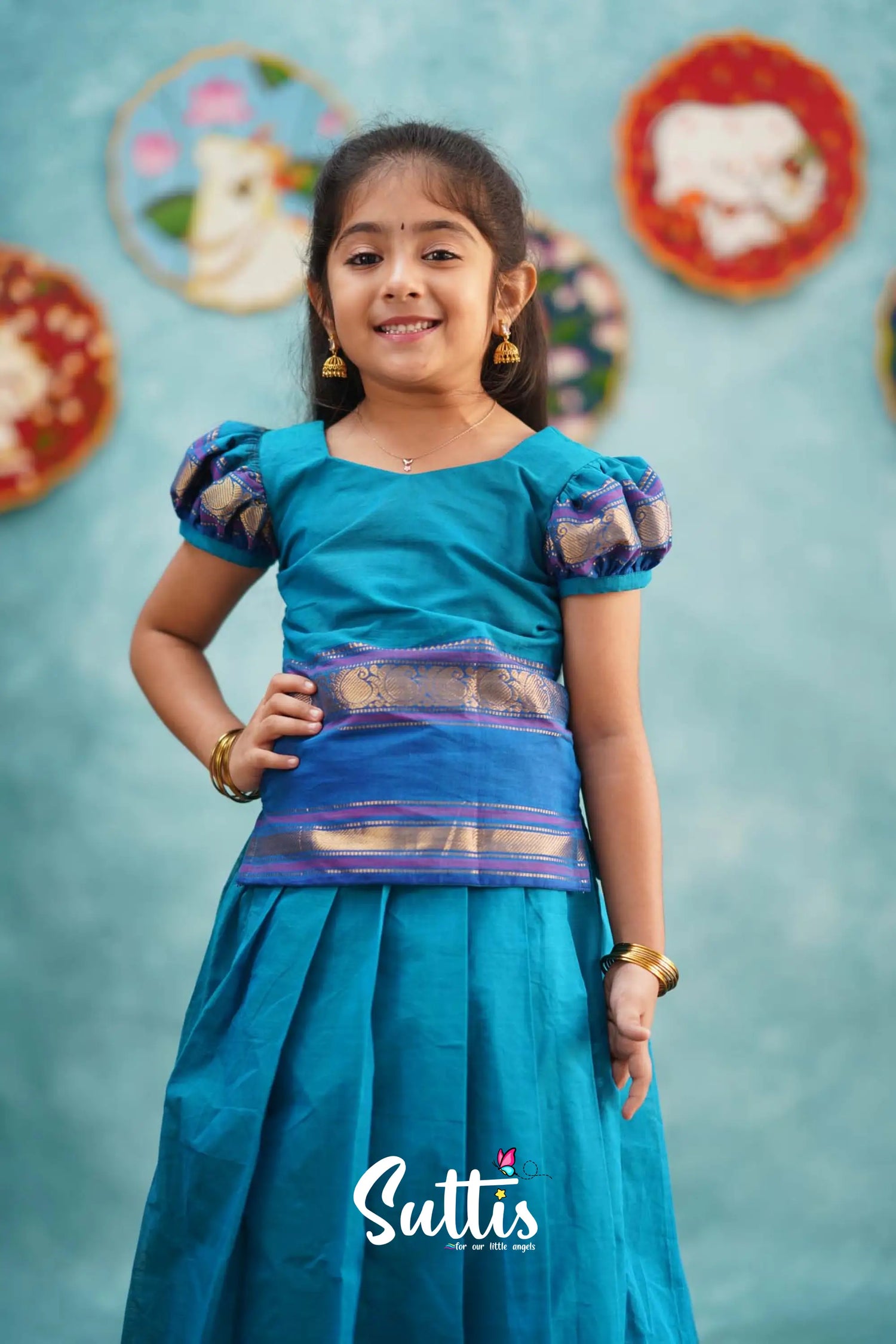 Padmaja - Light Blue And Magenta Pink Pavadai Sattai Kids-Suttis