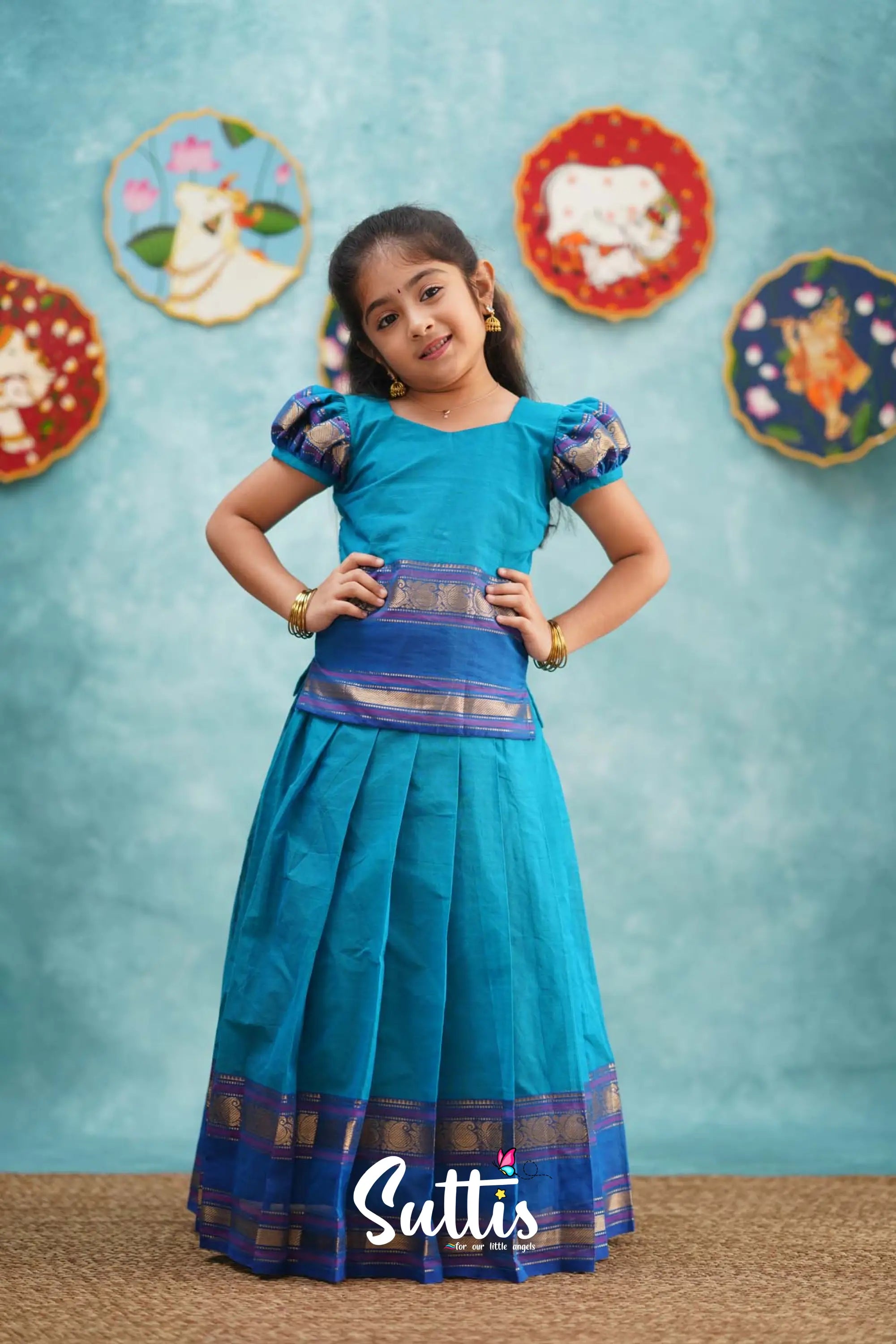 Padmaja - Light Blue And Magenta Pink Pavadai Sattai Kids-Suttis