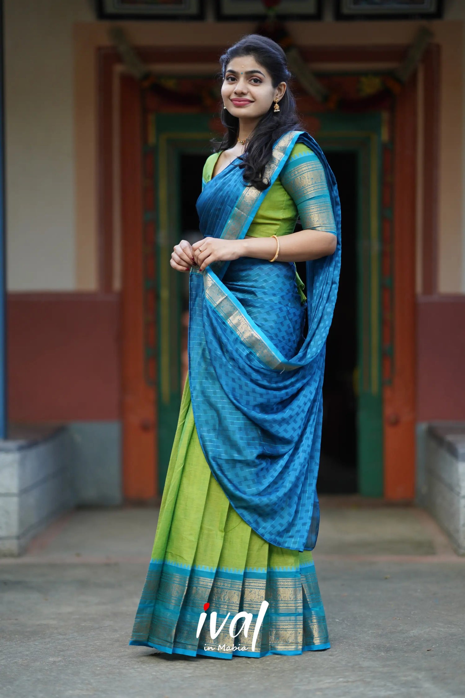 Padmaja - Light Green And Blue Cotton Halfsaree Half Sarees